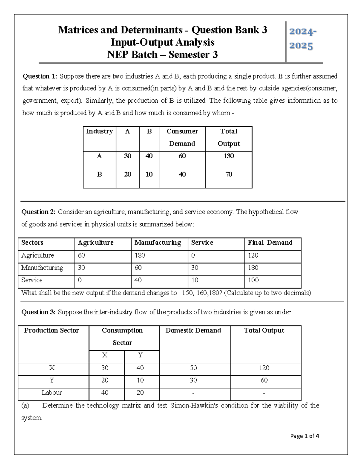 Input-Output Analysis for Matrices and Determinants QB3 (2024-2025 ...