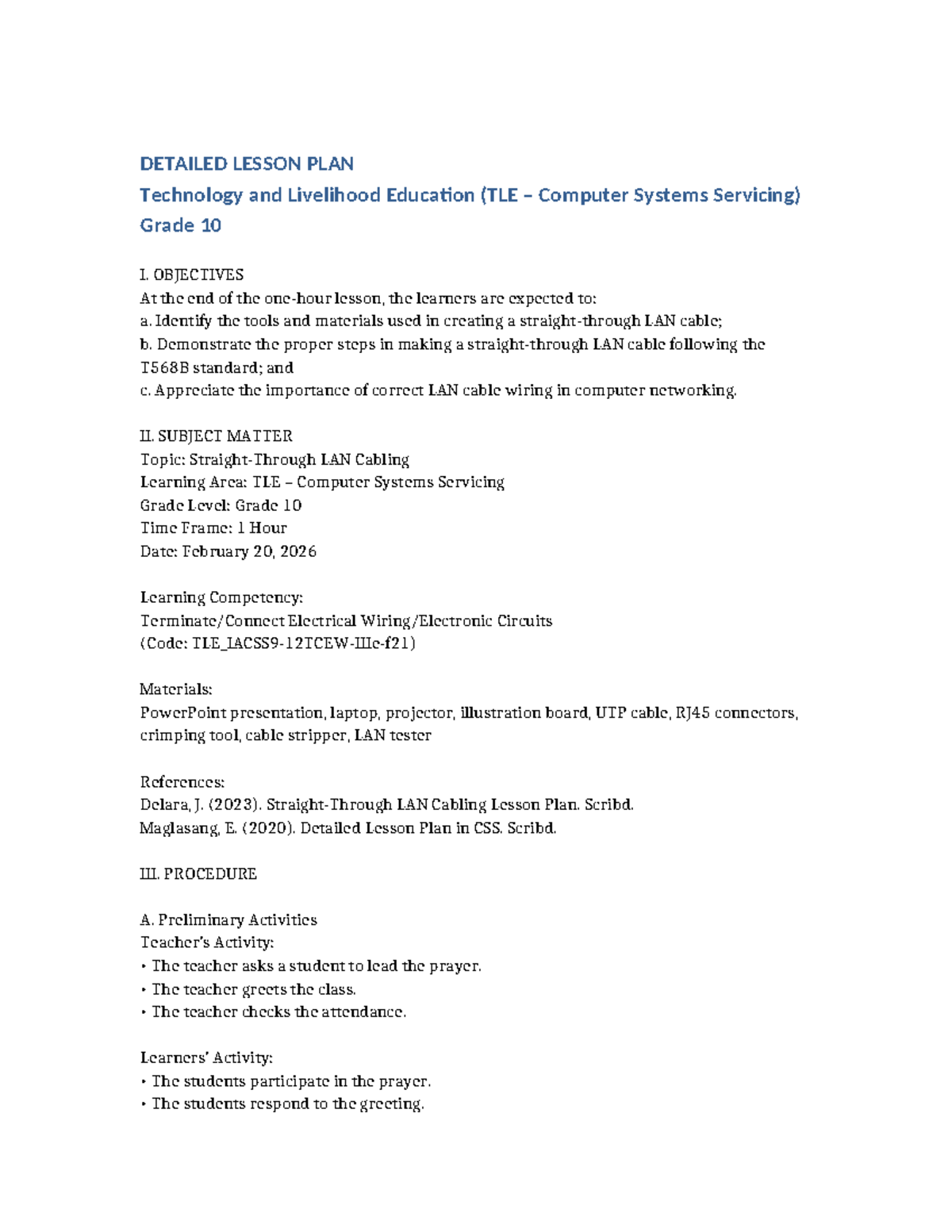 Detailed Lesson Plan: TLE Computer Systems Servicing (Grade 10) - LAN ...