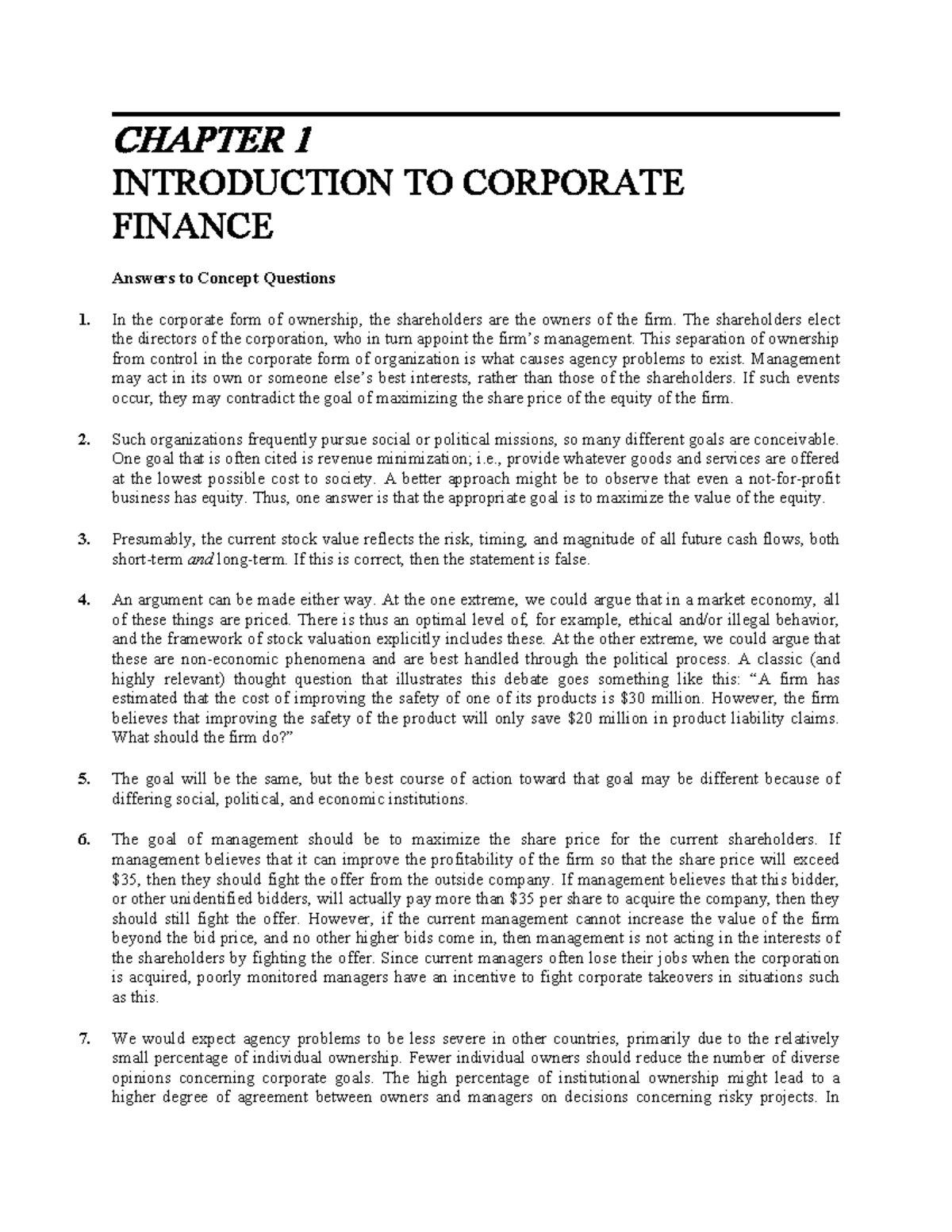 CF Solutions Chapter 1 2 - CHAPTER 1 INTRODUCTION TO CORPORATE FINANCE ...