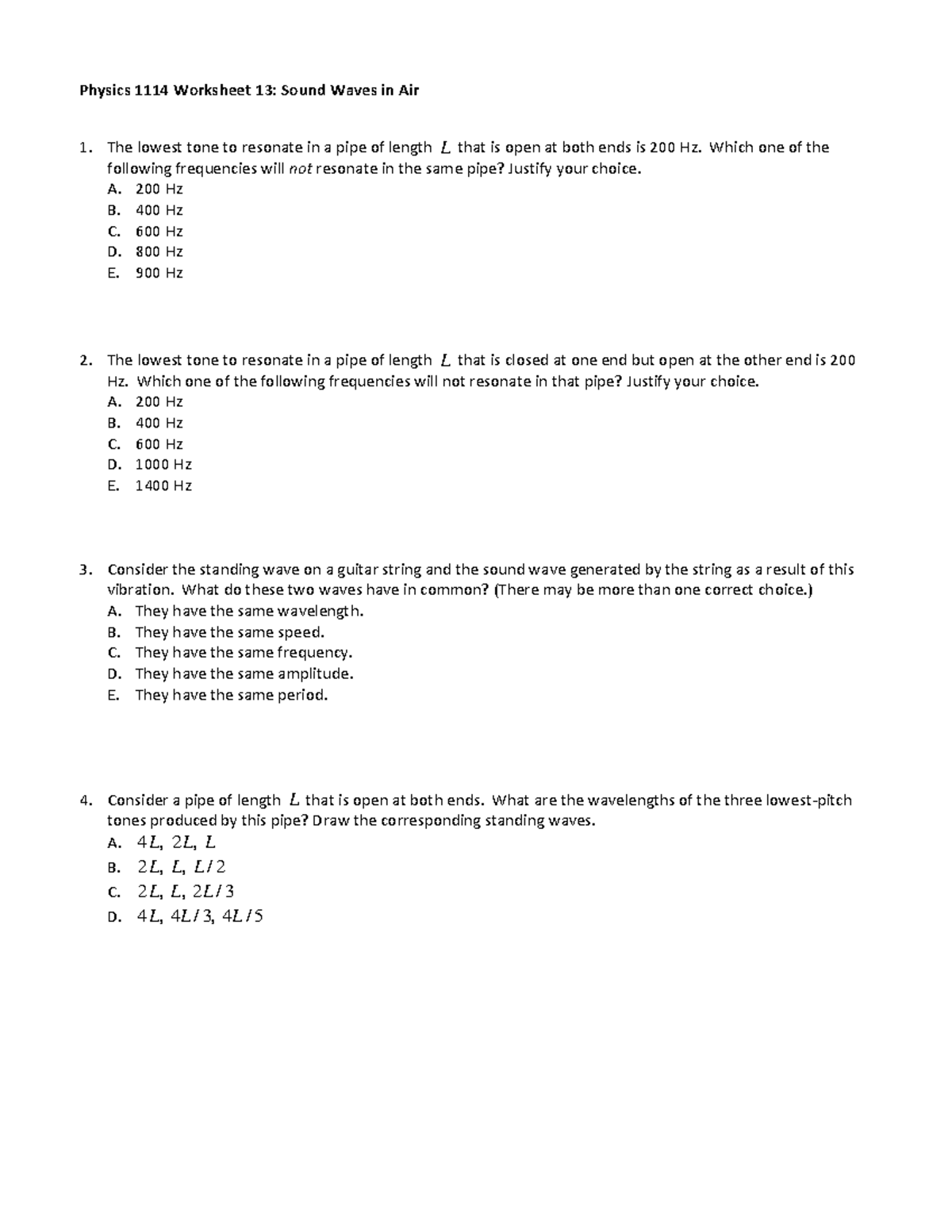 Physics 1114 Worksheet 13: Sound Waves in Air - Studocu