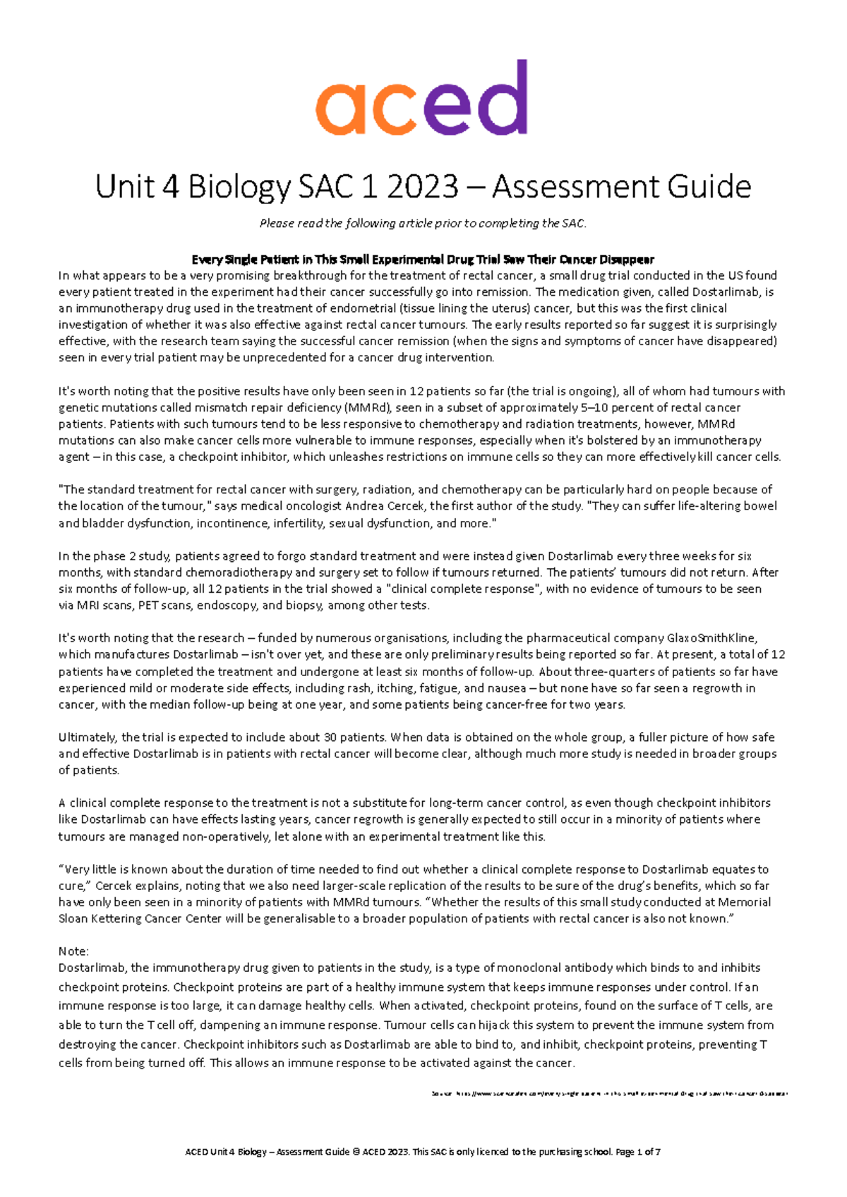 ACED Unit 4 Biology SAC 1 2023 - Cancer Immunotherapy Insights - Studocu