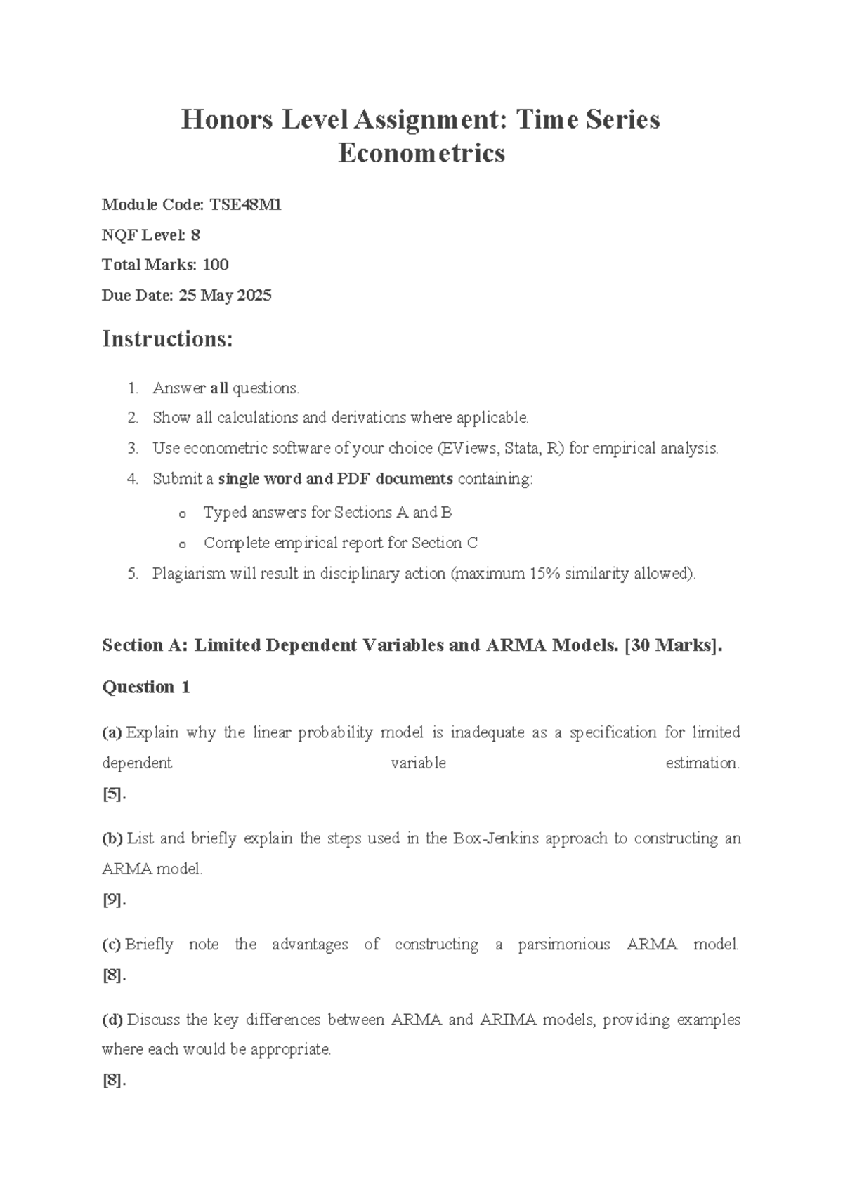 Time Series Econometrics Assignment TSE48M1 - Due 25 May 2025 - Studocu