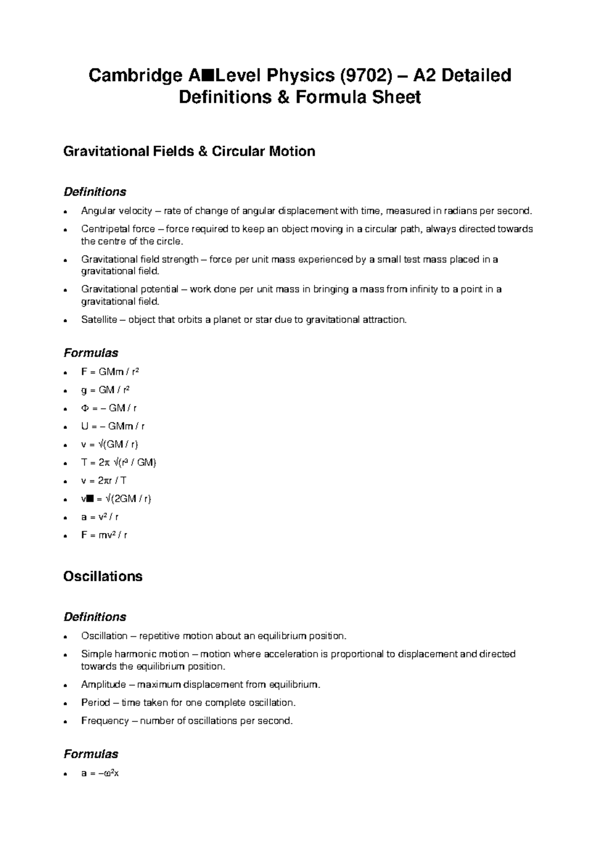 9702 A2 Physics Detailed Definitions & Formula Sheet - Studocu