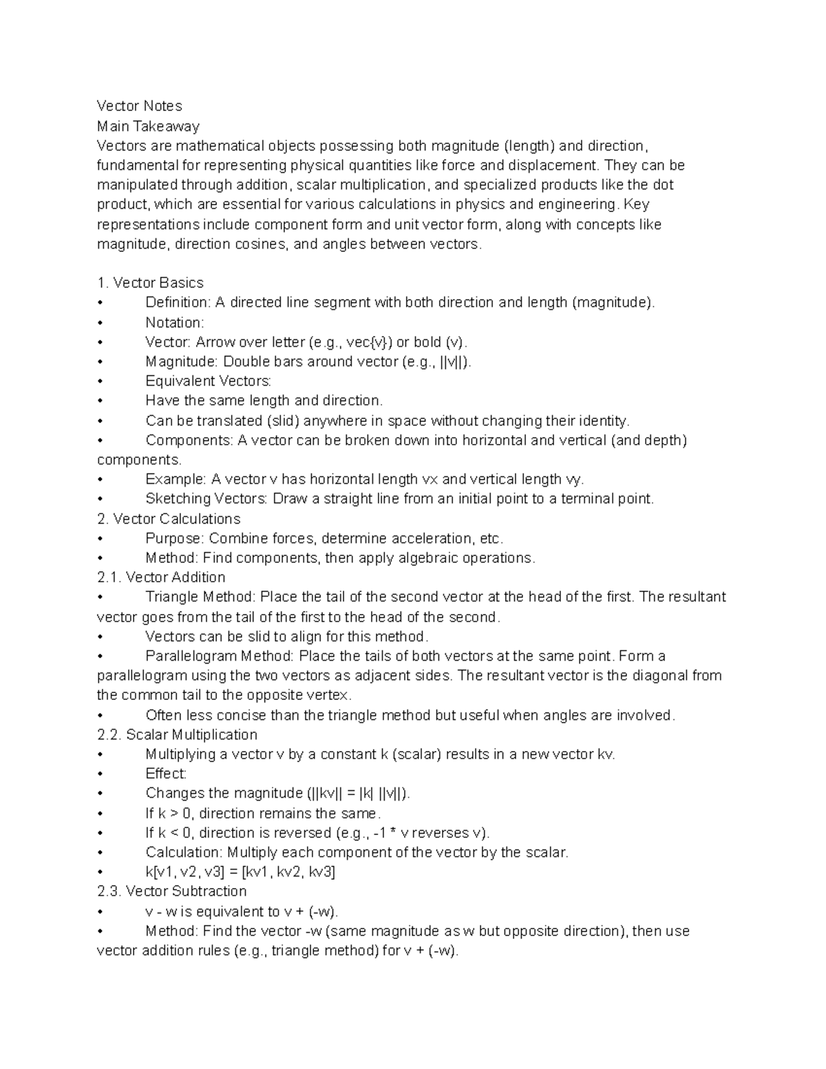 Vector Notes: Key Concepts and Calculations - Studocu