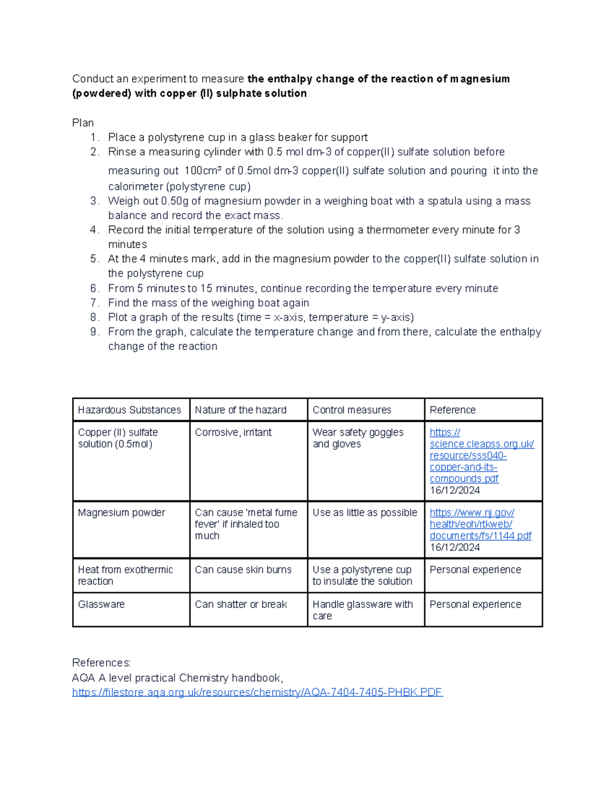 Enthalpy change RP - AXsads - Conduct an experiment to measure the ...