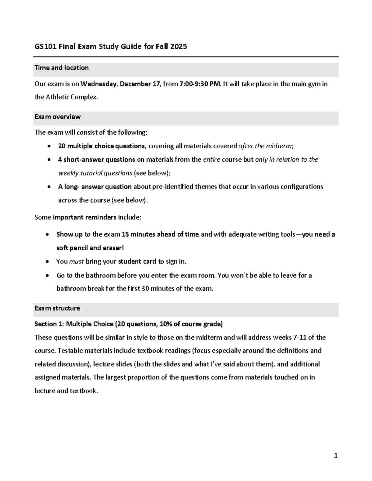 GS101 Final Exam Study Guide for Fall 2025 - Studocu