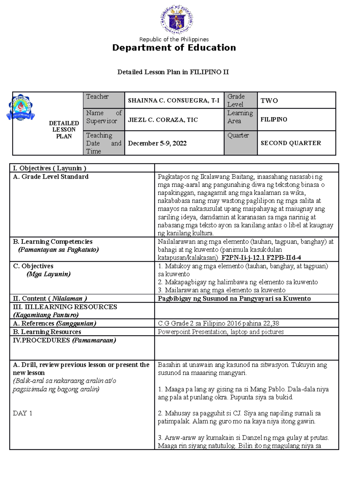 Filipino 2-DLP WEEK5 - Department of Education Detailed Lesson Plan in ...