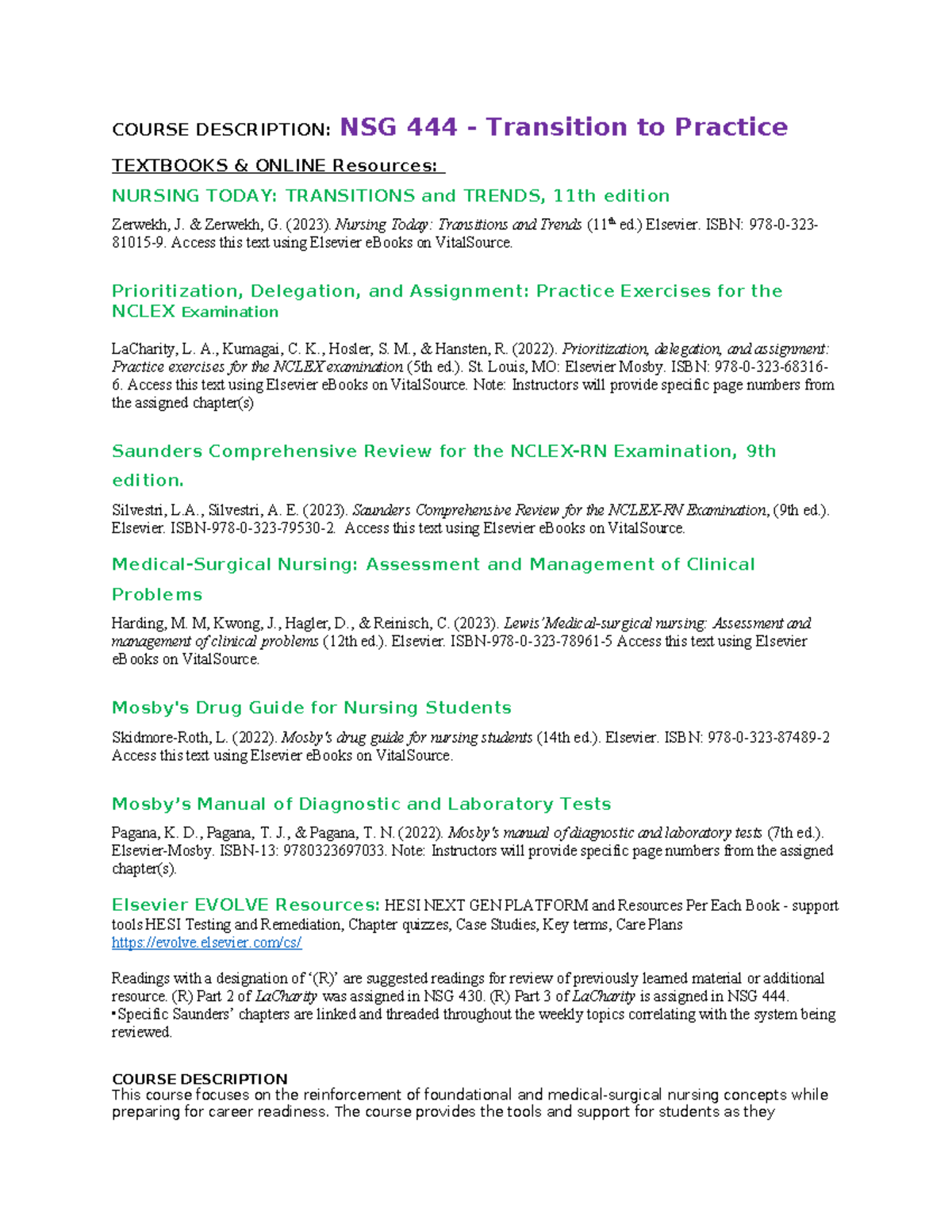 NSG 444 - Comprehensive Student Course Guide for Nursing Transitions ...