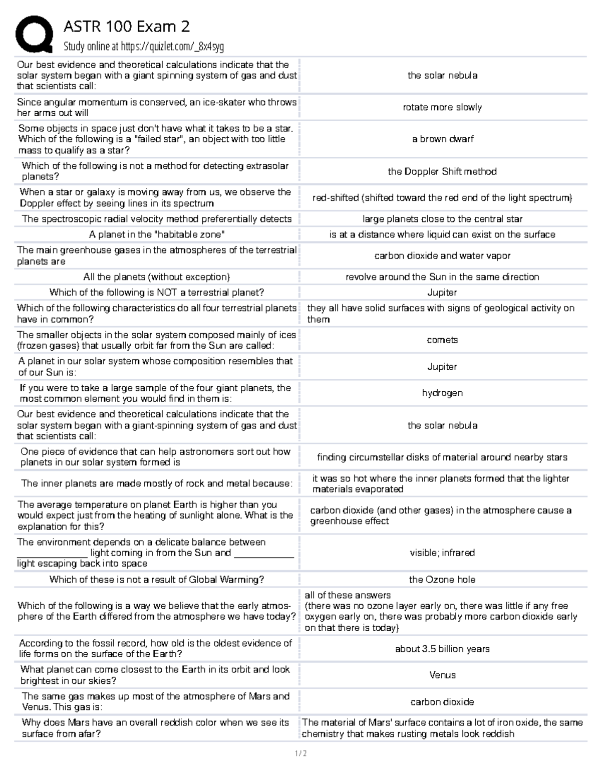 ASTR 100 Exam 2 Study Guide: Solar System Formation & Characteristics ...