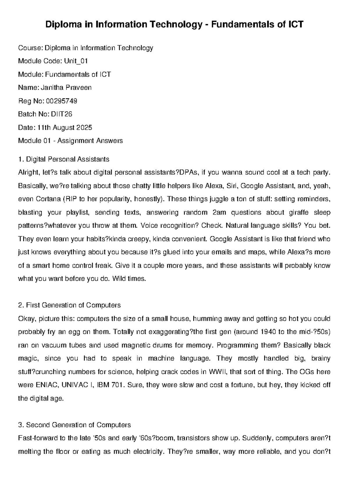 Fundamentals of ICT Assignment: Digital Assistants & Computer ...