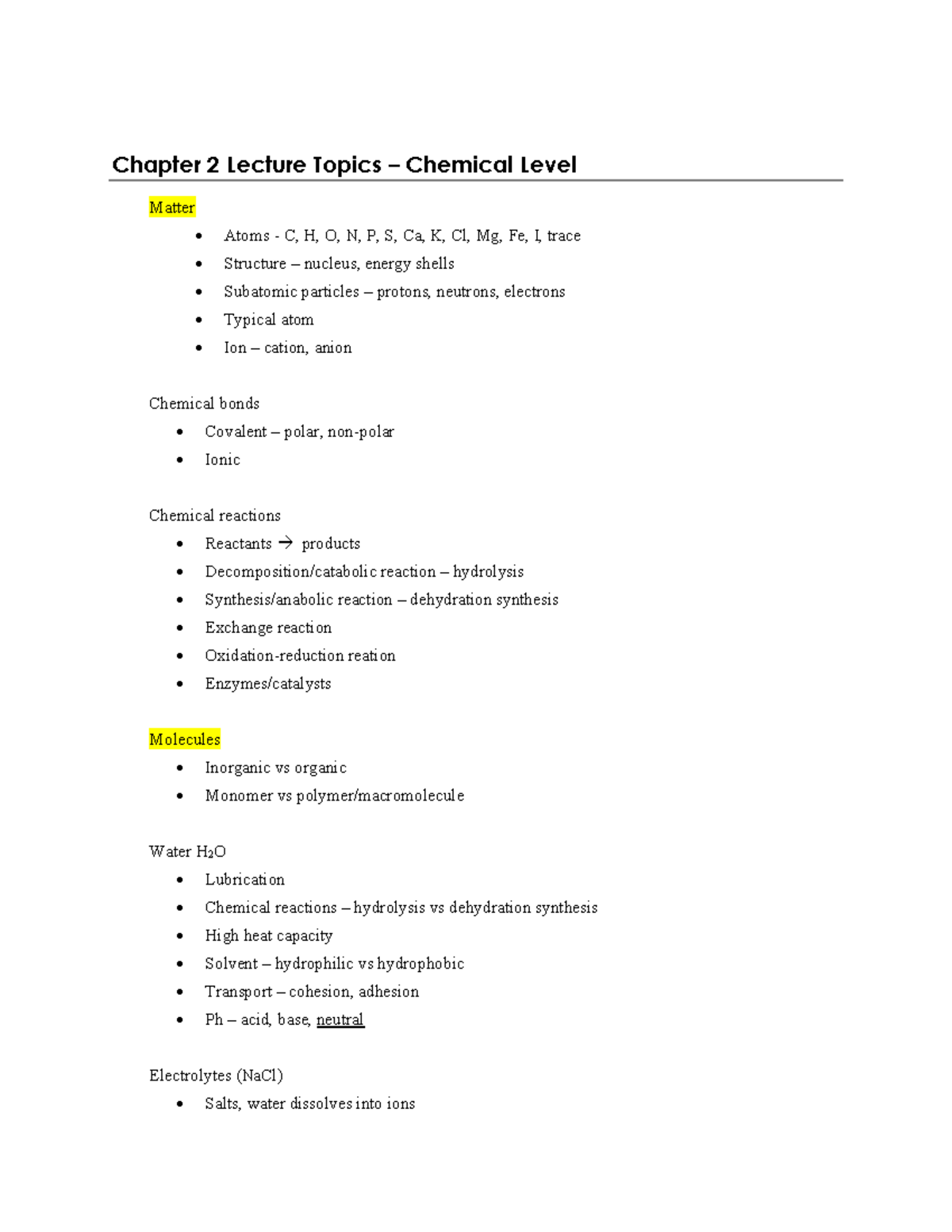 Chapter 2 & 3 Lecture Notes – Chemical & Cellular Level (BIO 101) - Studocu