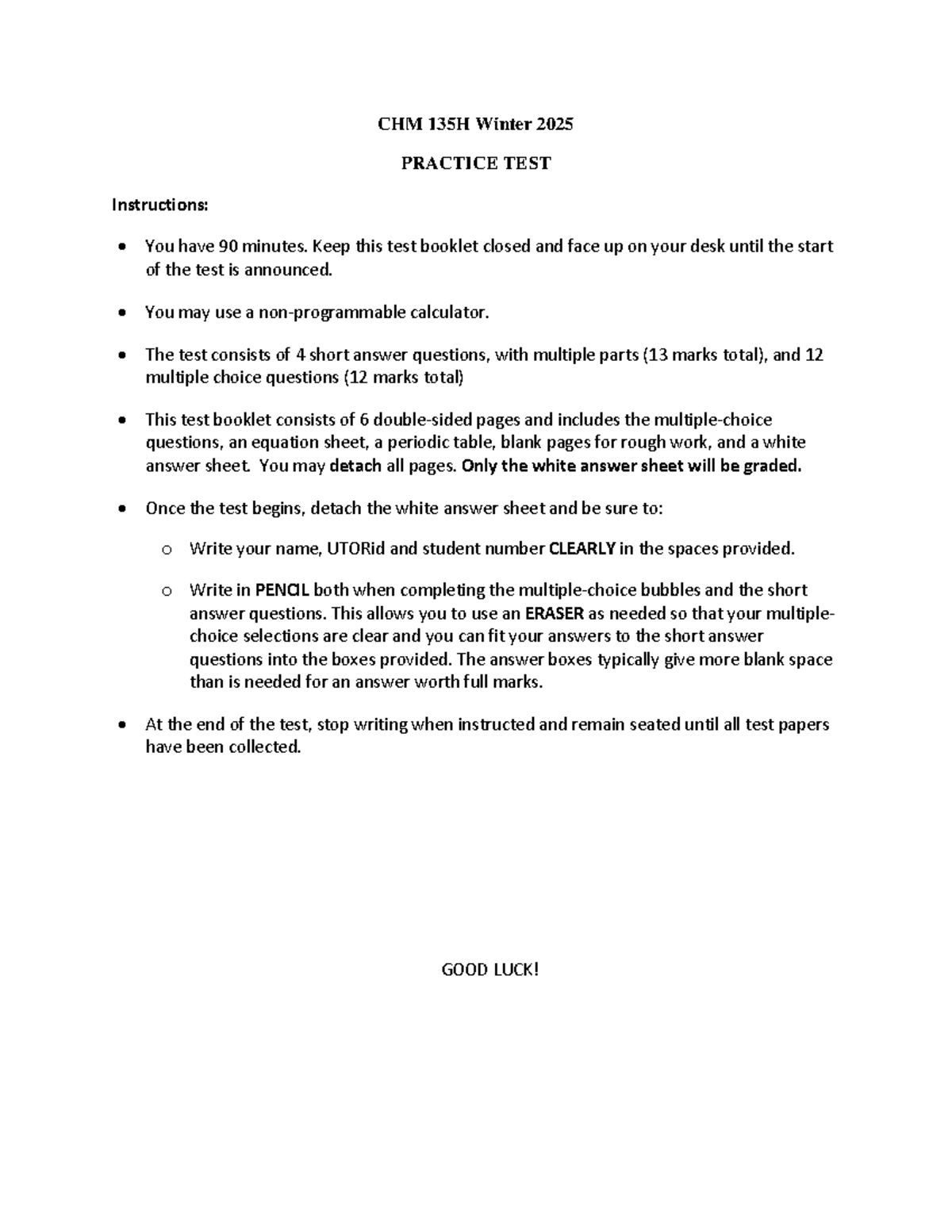 CHM 135H Winter 2025 Practice Test Instructions and Questions - Studocu