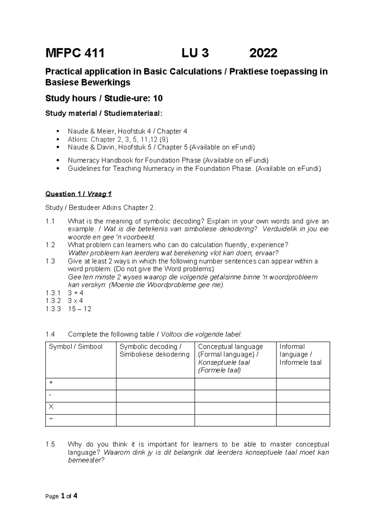 MFPC 411 - LU 3 2022 Final Exam Study Guide on Basic Calculations - Studocu
