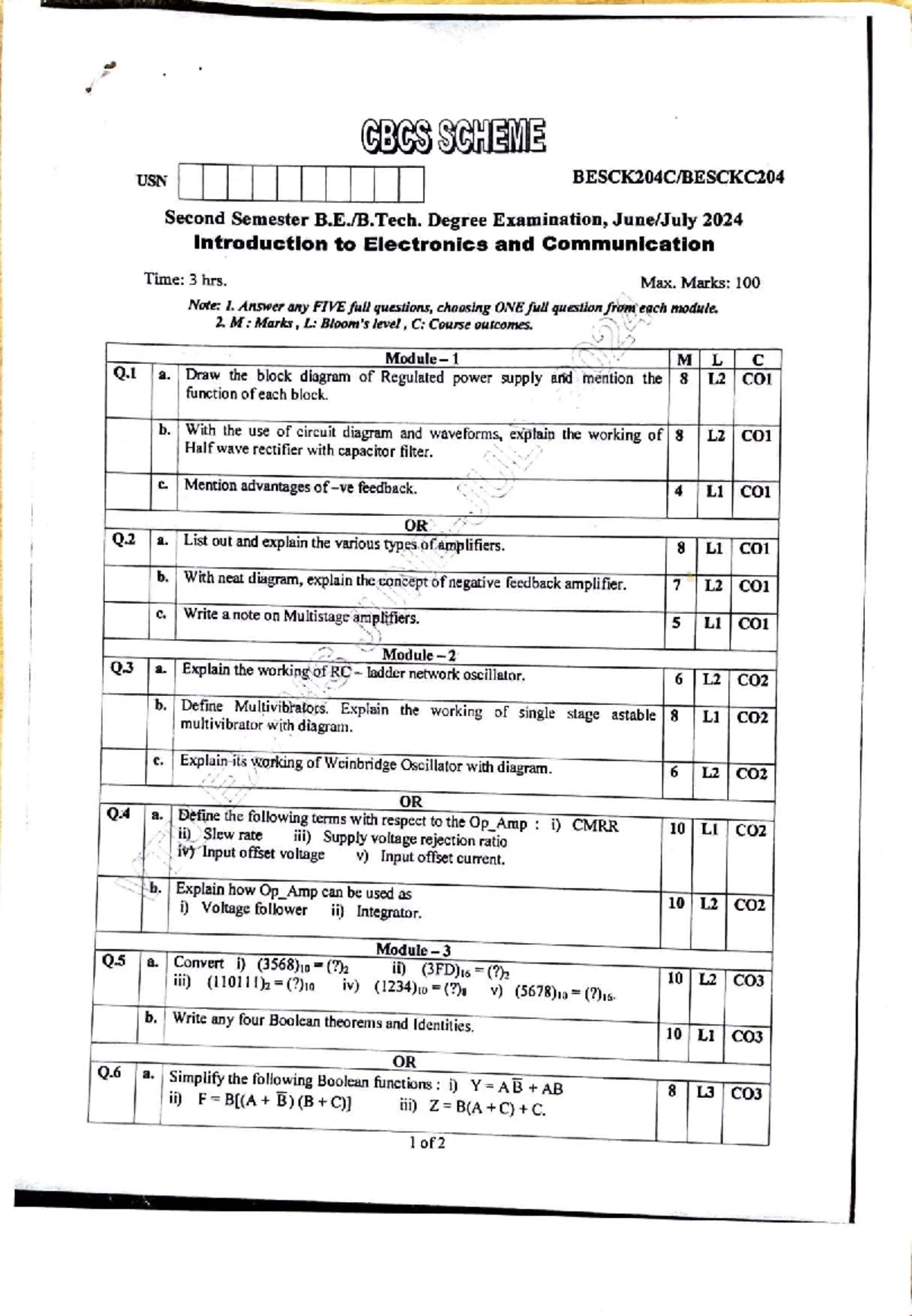 D USN I 8 7 O BESCK2O4C Second Sem B.E/B.Tech Exam 2023: Intro to ...