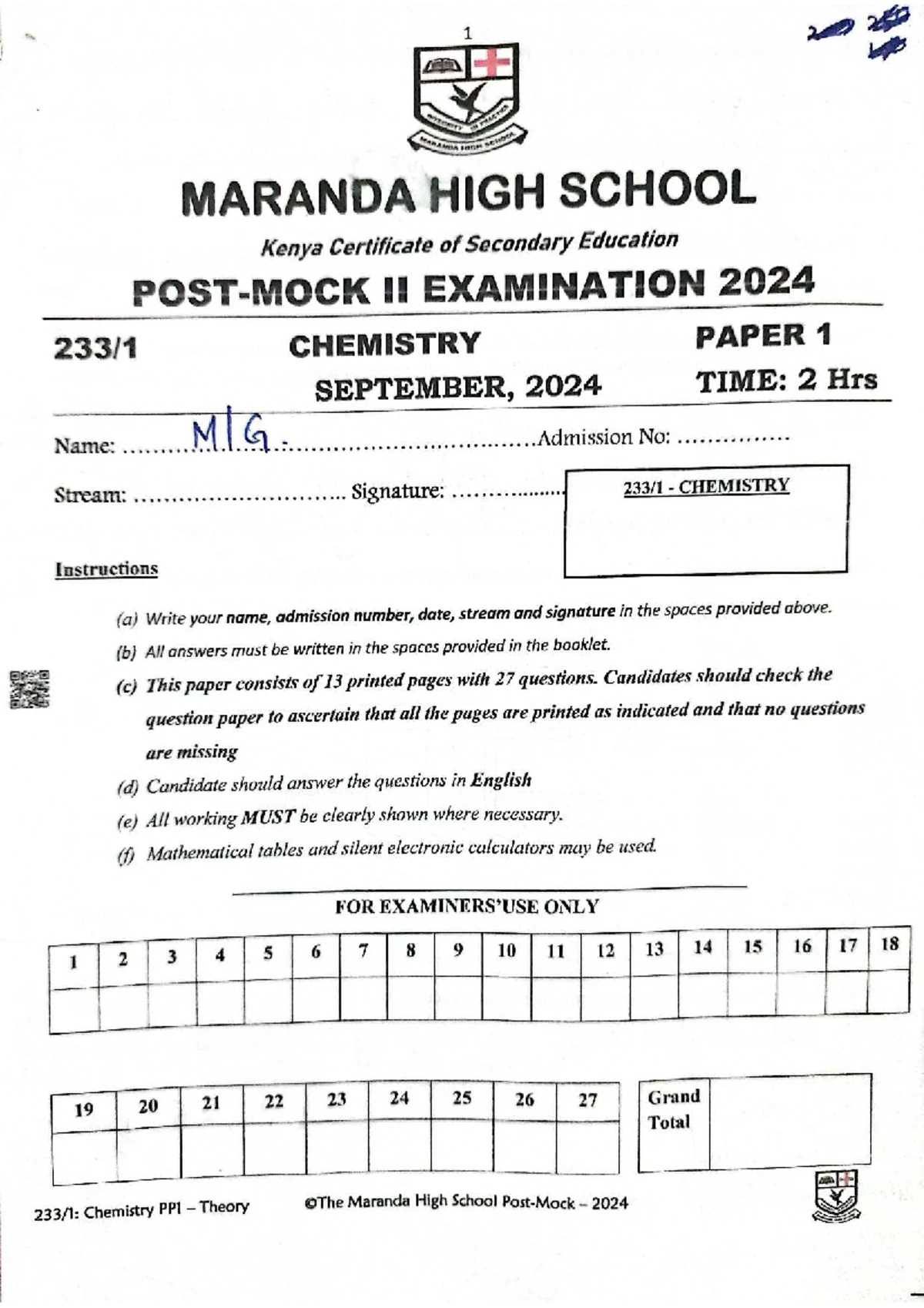 Maranda High School Chemistry Paper 2 Questions - KCSE 2024 - Studocu