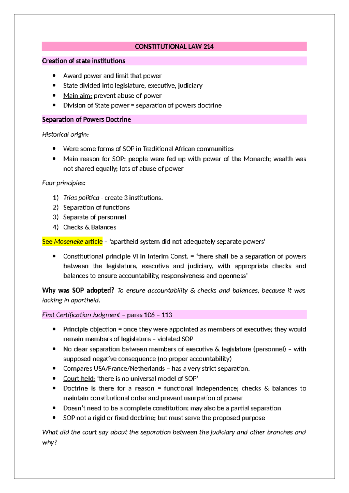 Con Law 214 - Personal Lecture Notes on Separation of Powers ...