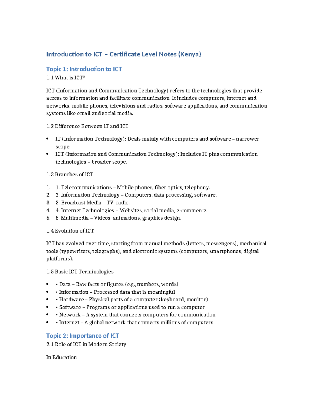 Introduction to ICT Certificate Level Notes (Kenya) - Topics 1 & 2 ...
