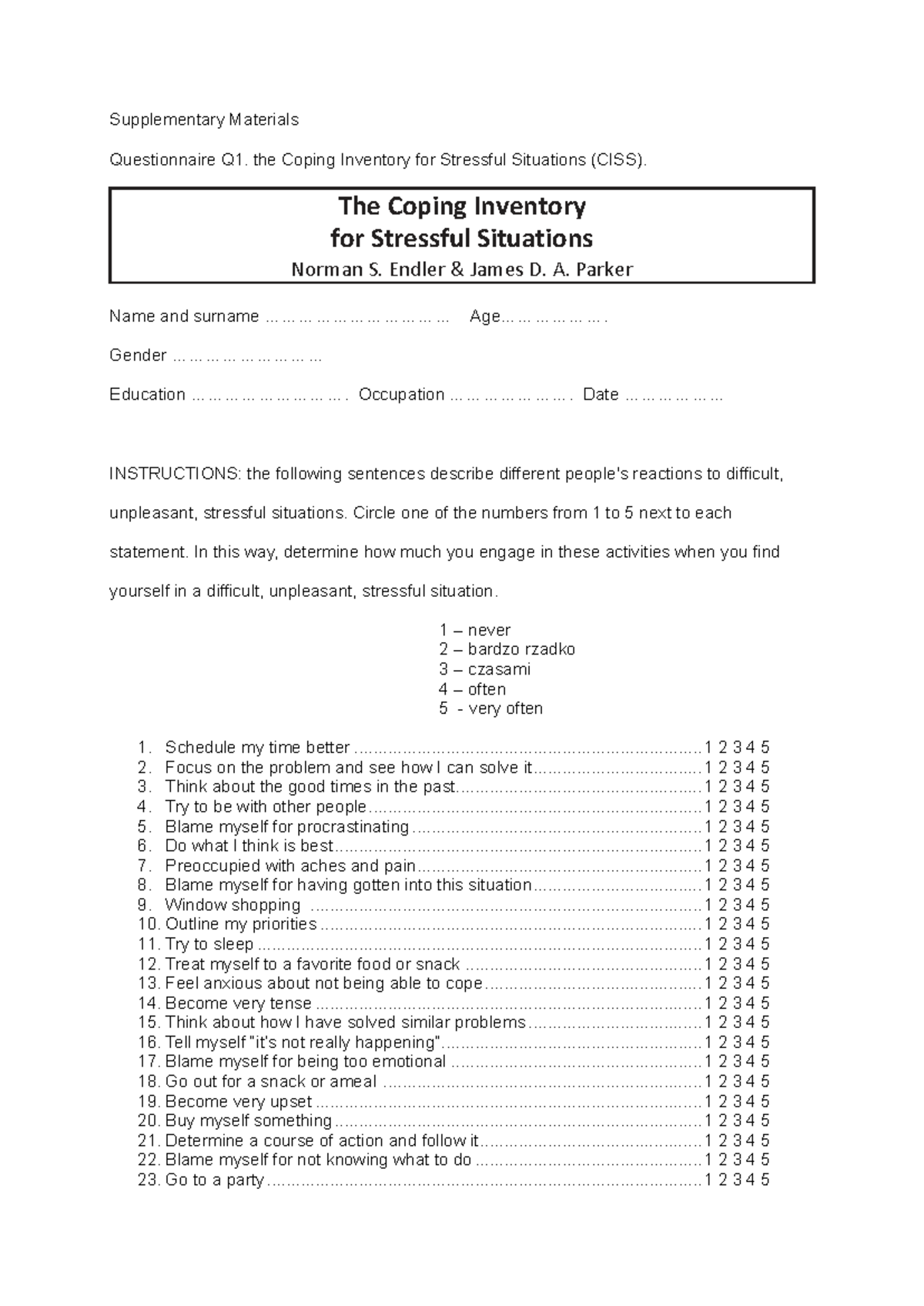 CISS Questionnaire & Mini Cope Assessment for Stress Management - Studocu