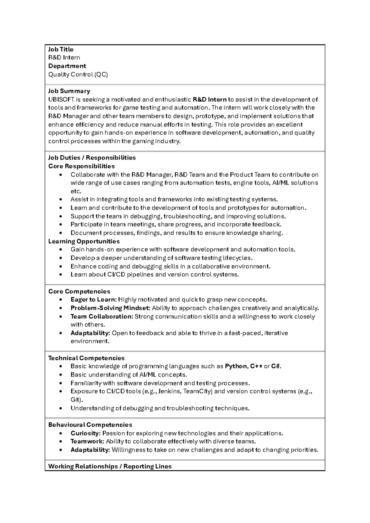 Internship Opportunity: Quality Control (QC) at UBISOFT - Studocu
