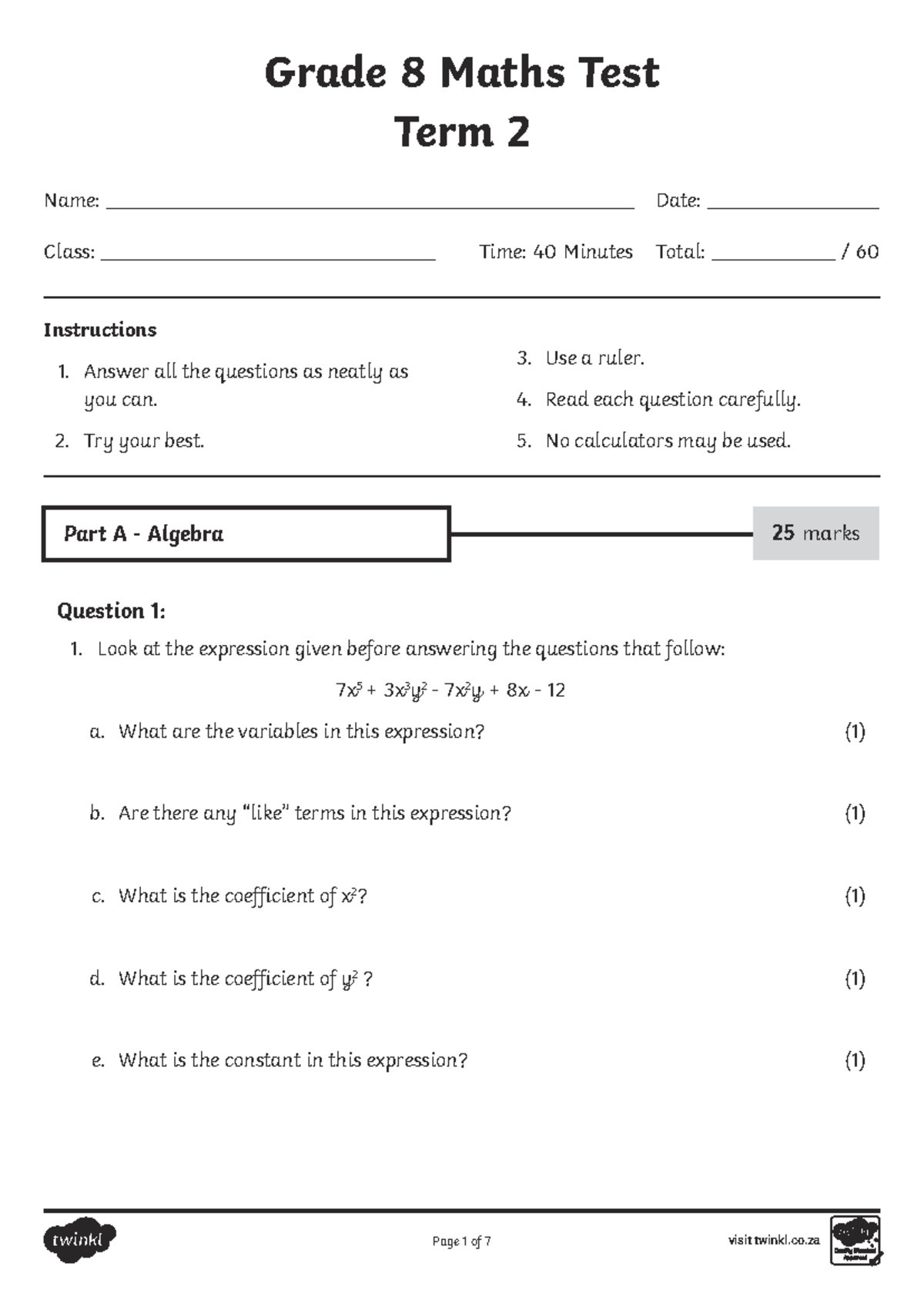 Grade 8 Maths Test: Term 2 - Algebra & Geometry Concepts - Studocu