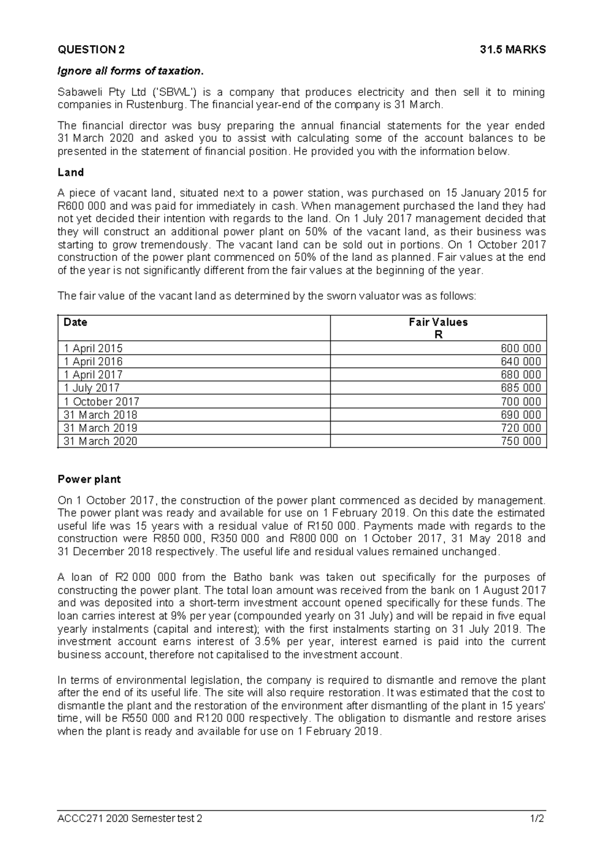 ACCC271 2020 Semester Test 2 Solutions and Calculations - Studocu