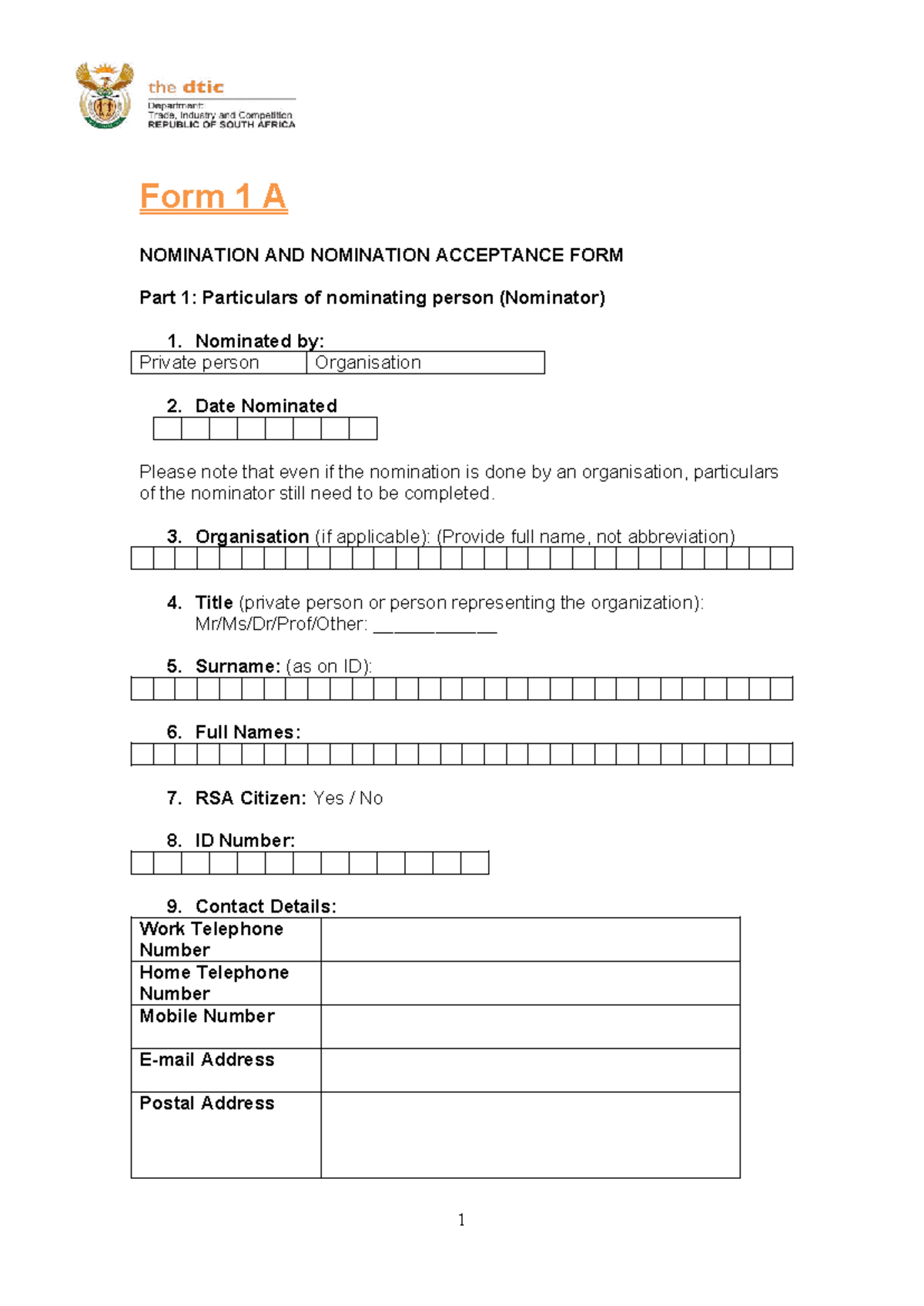 Form 1A: Nomination & Acceptance Form Drafting Material - Studocu