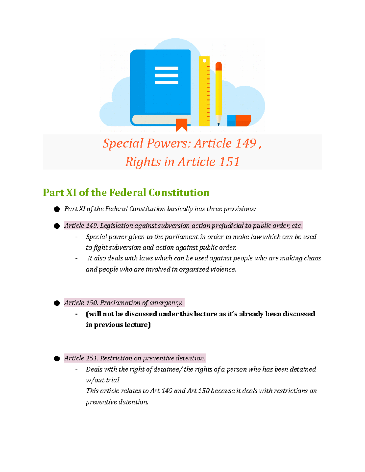 Lecture 20: Special Powers in Article 149 & Rights in Article 151 - Studocu
