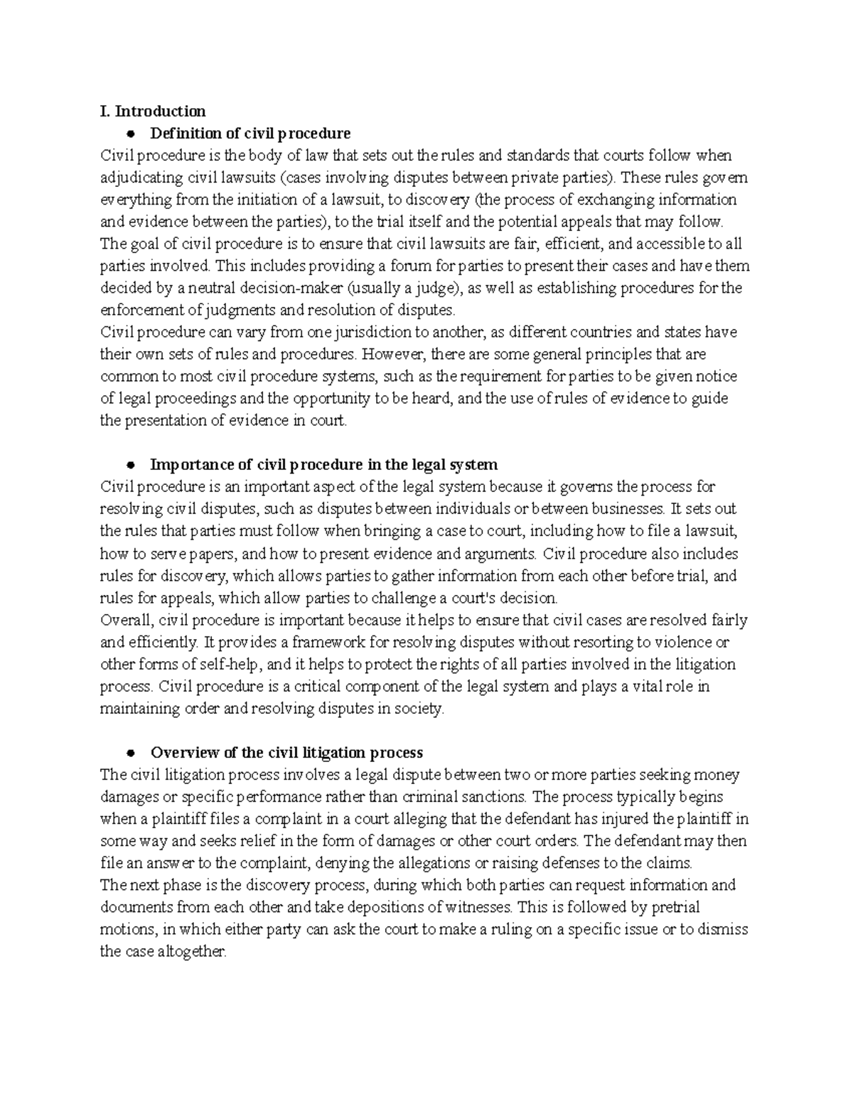 Civil Procedure Notes - I. Introduction Definition of civil procedure ...