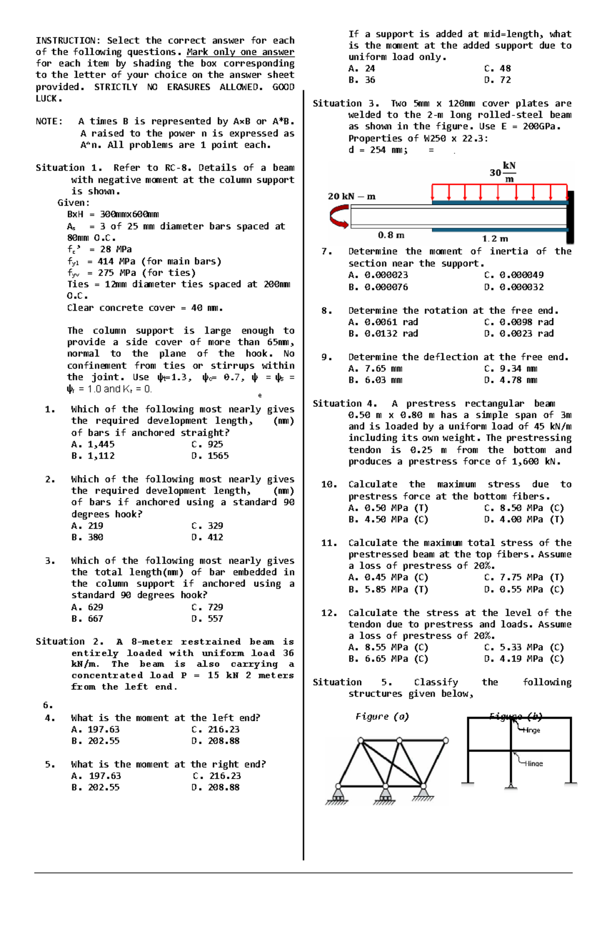 CE 101: Practice Questions for Structural Analysis Exam - Studocu