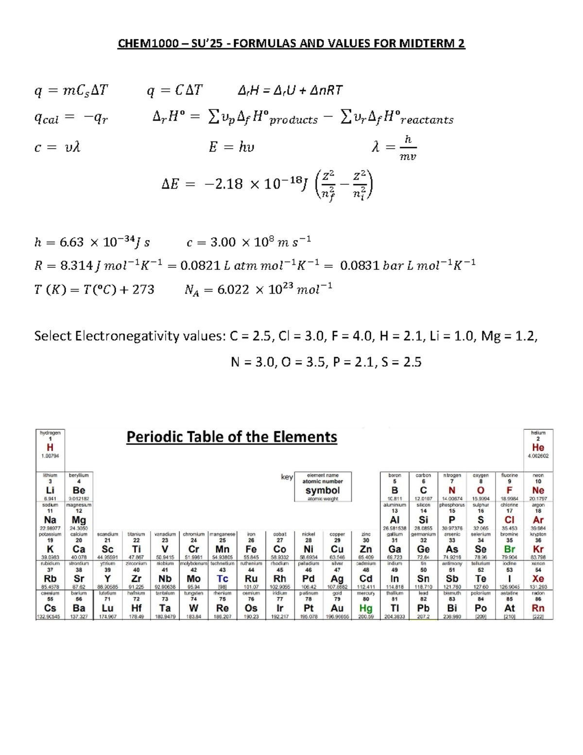 Midterm 2 - Formulas and Values - CHEM1000 – SU’2 5 - FORMULAS AND ...