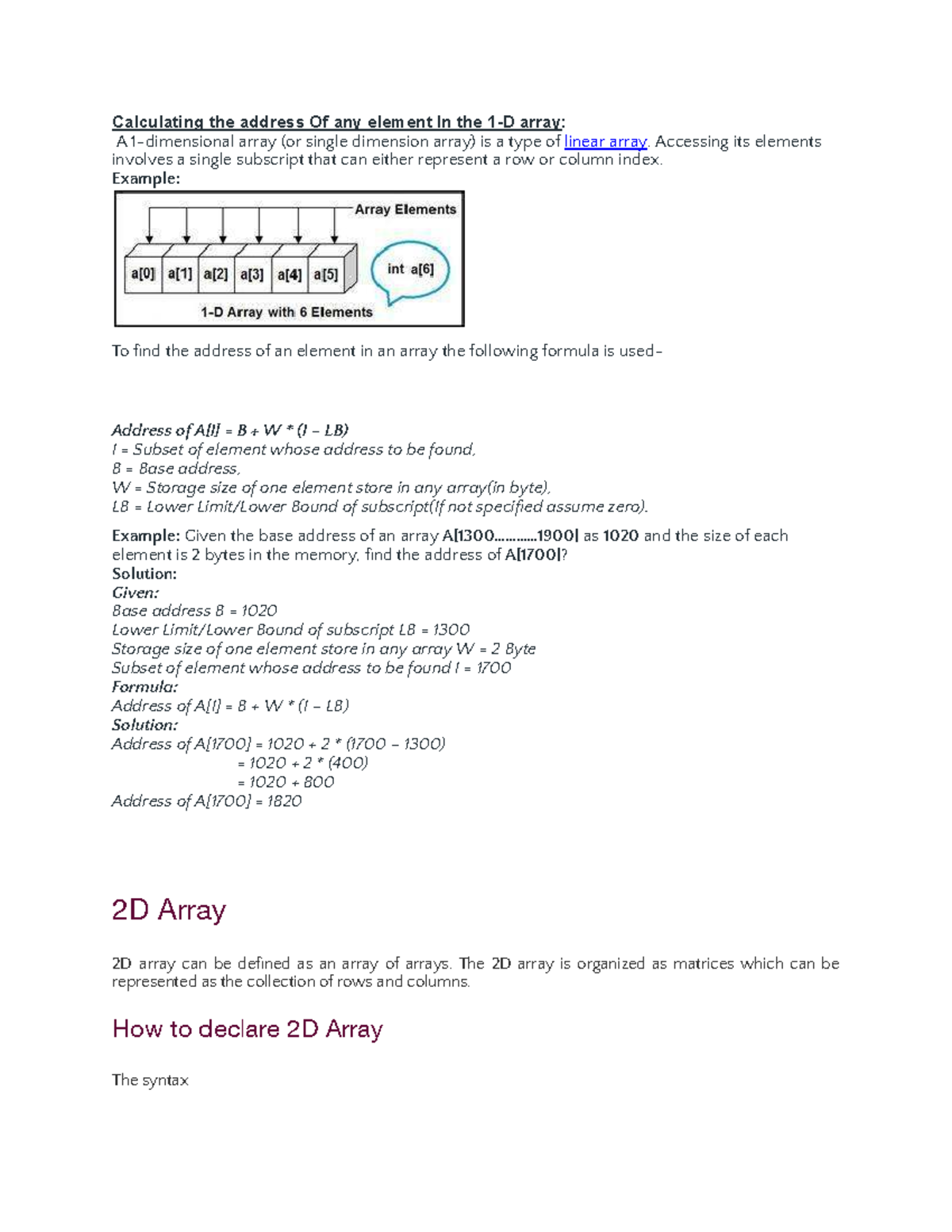 Calculating Element Addresses in 1D and 2D Arrays: CS101 Lecture Notes ...