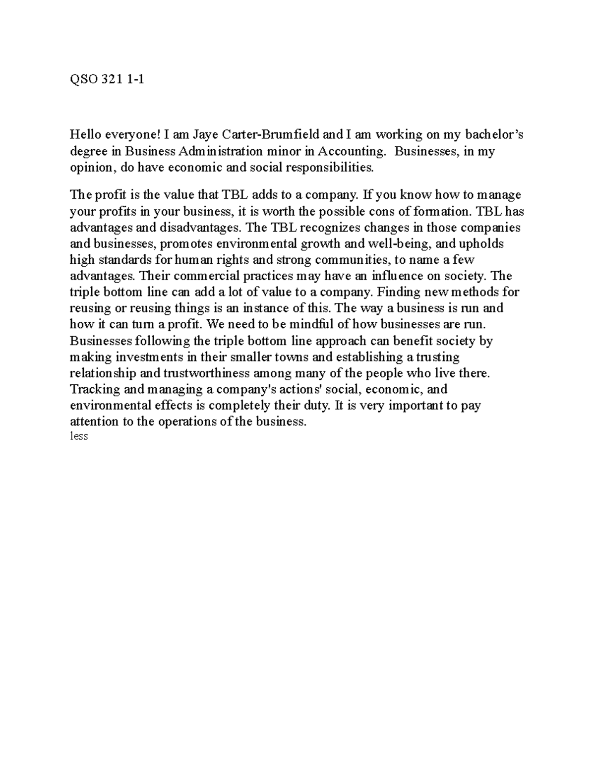 QSO 1-1 - ch 1 assignment 97% grade - QSO 321 1- Hello everyone! I am ...