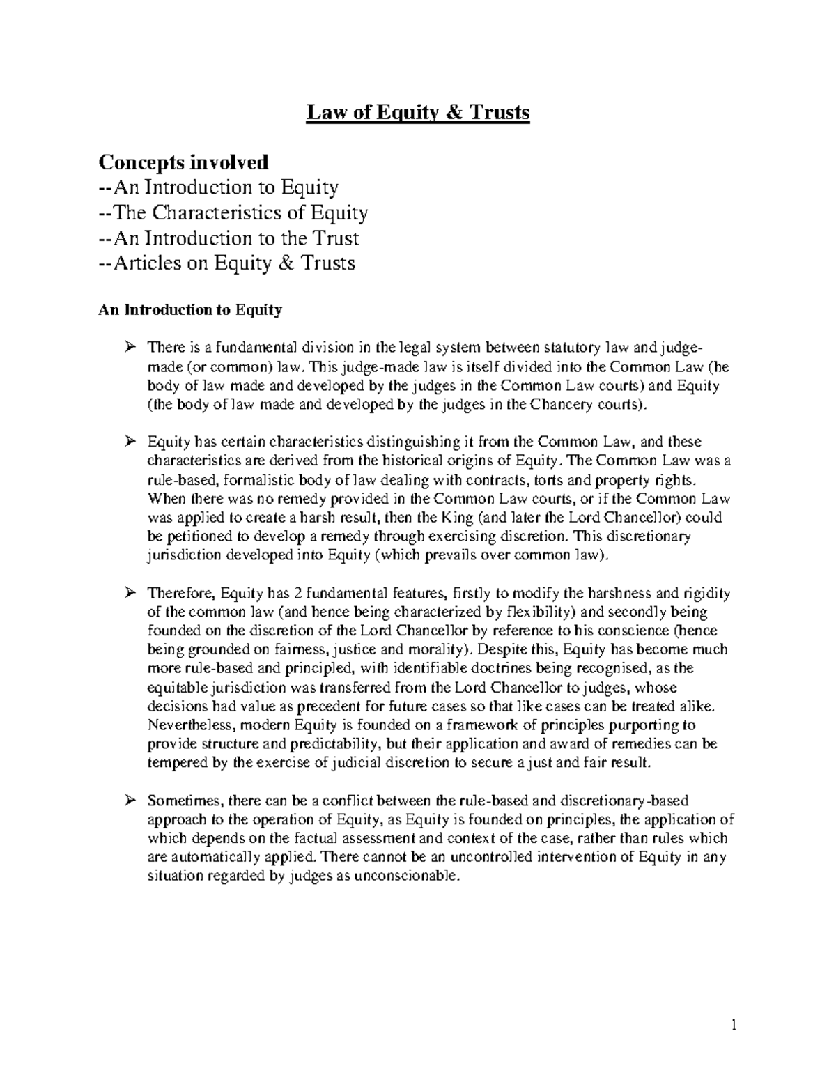 Law of Equity Trusts Wk 1 - Law of Equity & Trusts Concepts involved ...