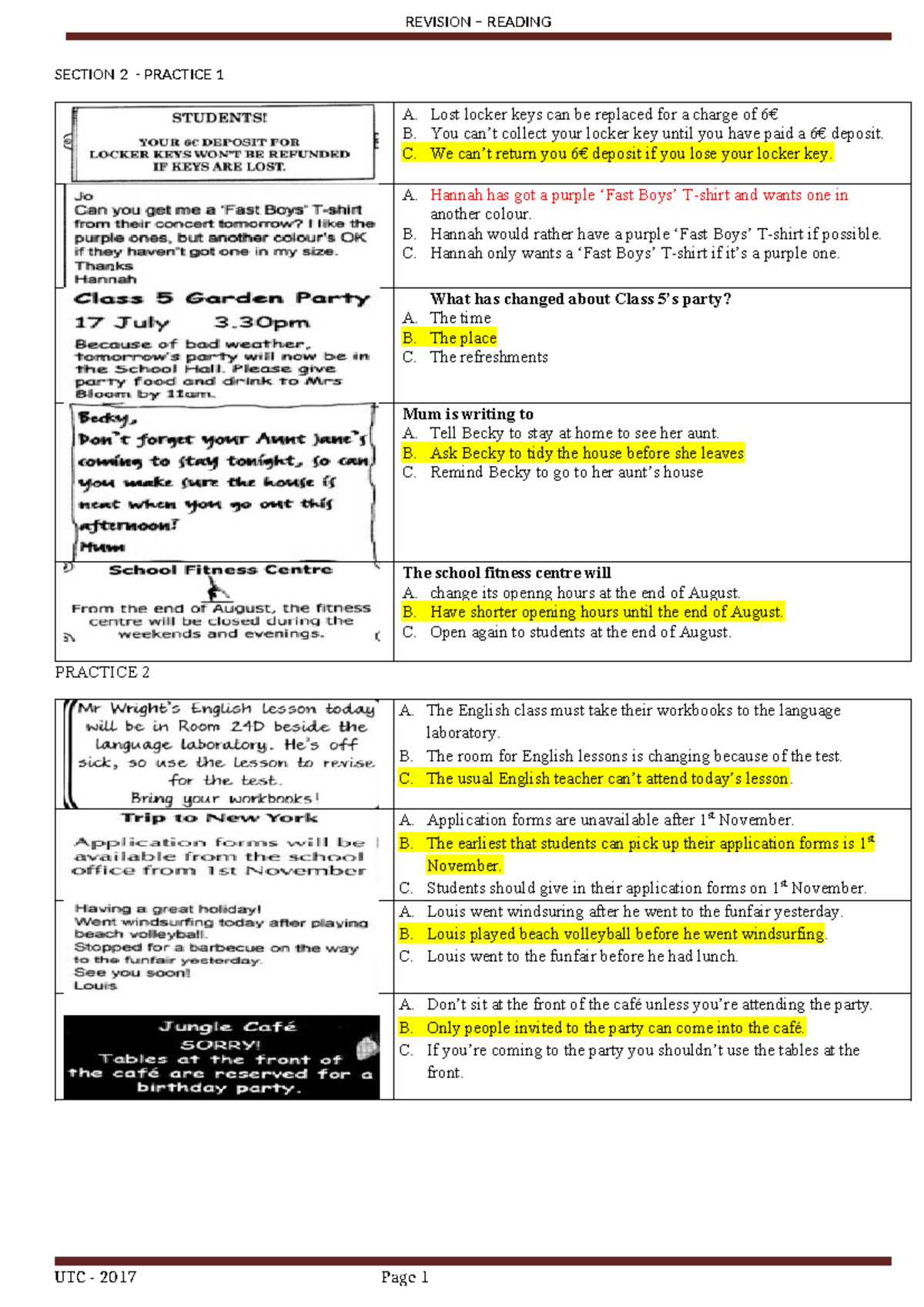 UTC 2017 Revision Reading Practice 1 Notes - Studocu