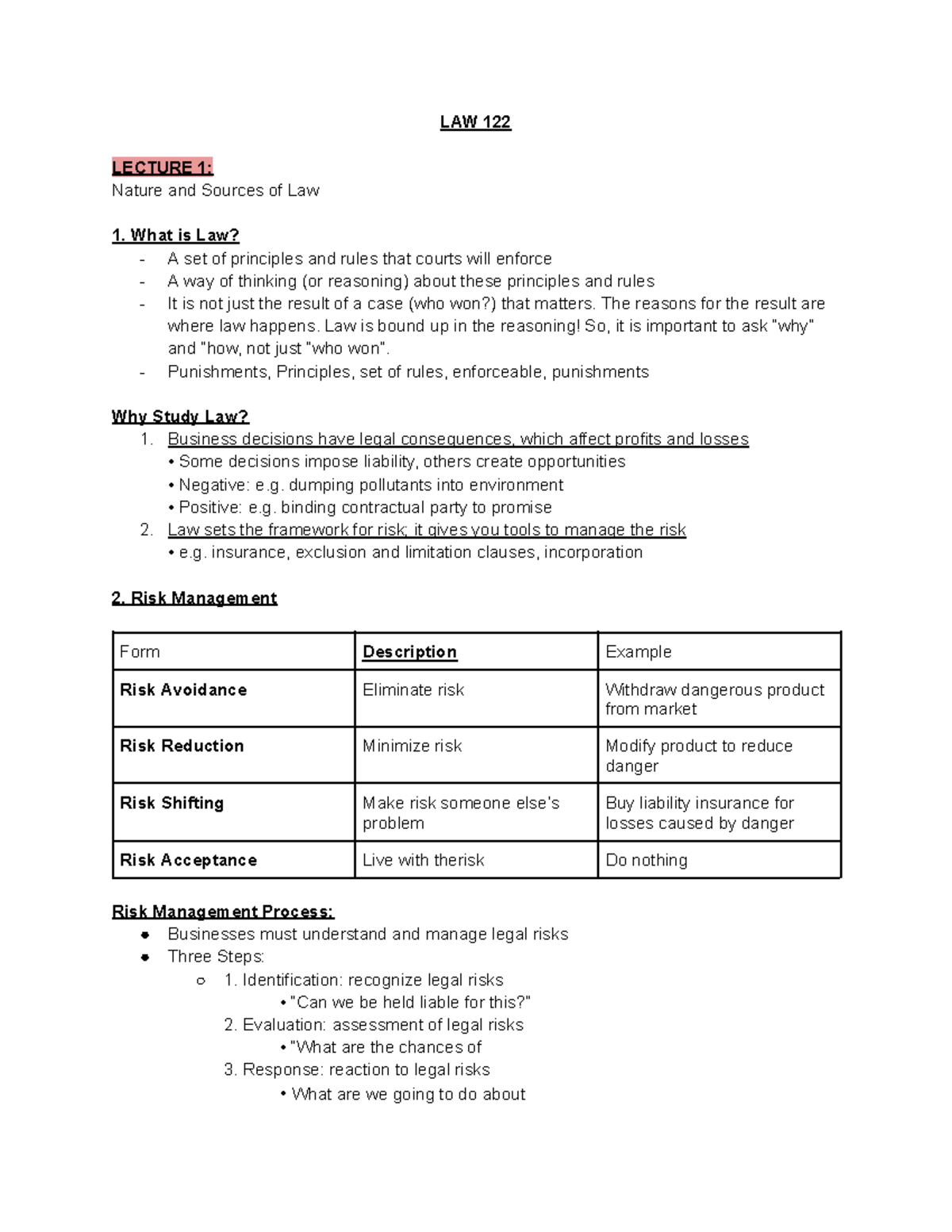 LAW 122 LECTURE NOTES: Understanding Law and Risk Management - Studocu