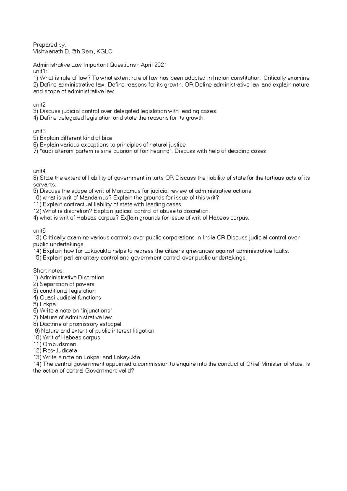 Admin Law Important Questions for 5th Sem - April 2021 - Studocu