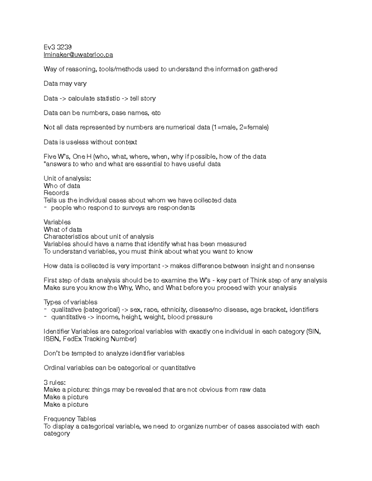 Statistics Notes - Ev3 3239 lminaker@uwaterloo Way of reasoning, tools ...