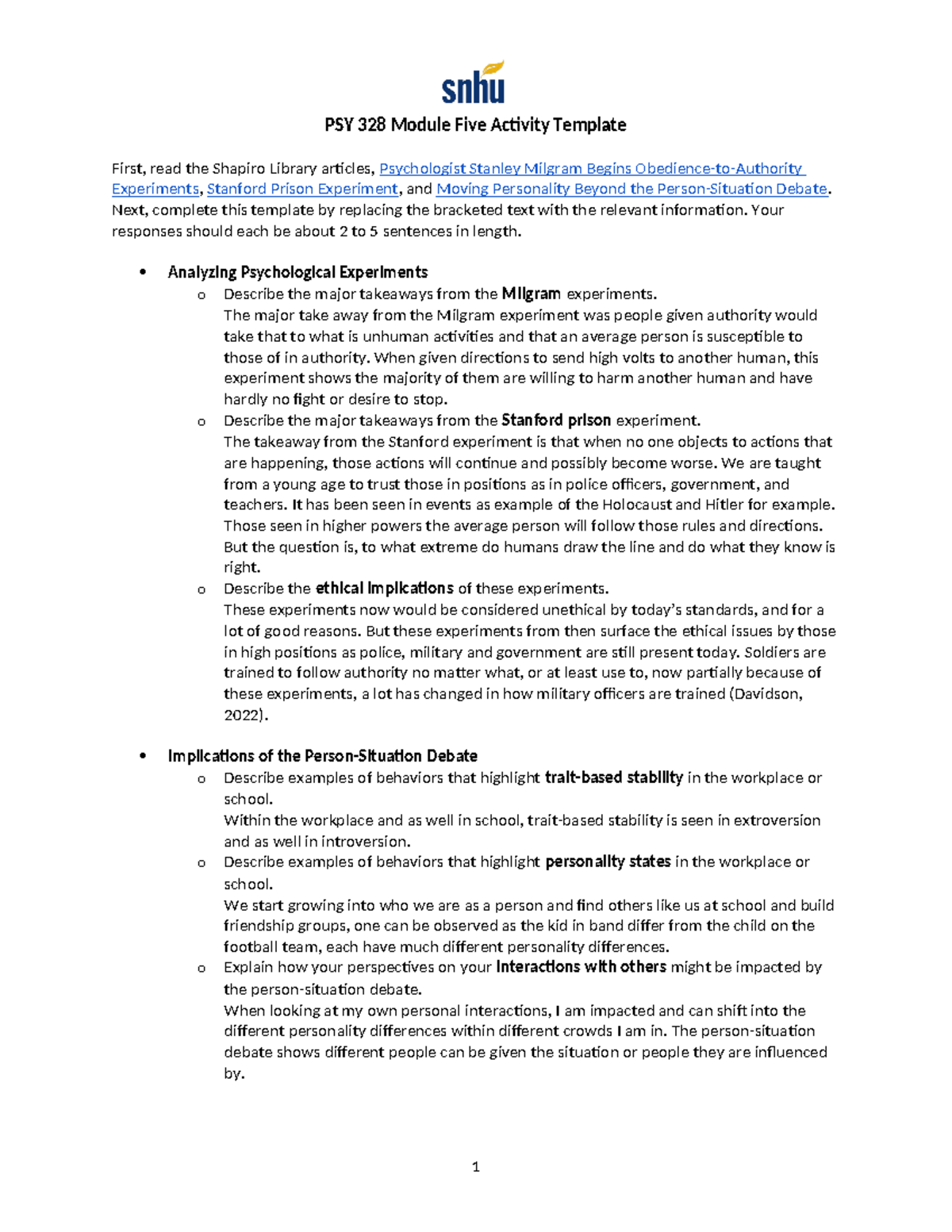 PSY 328 Module 5 Activity: Analyzing Key Psychological Experiments ...