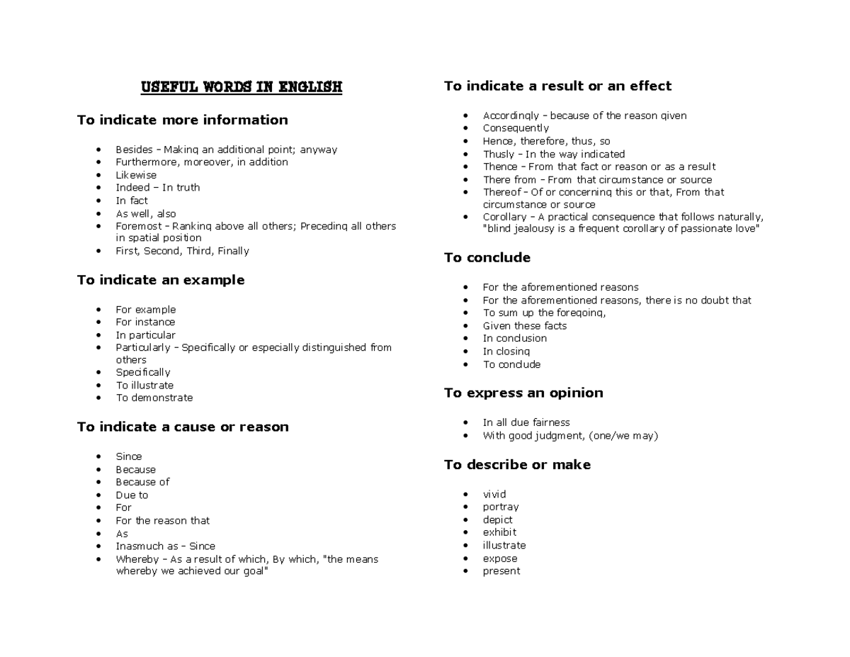 USEFUL WORDS IN ENGLISH: Vocabulary for Effective Writing - Studocu