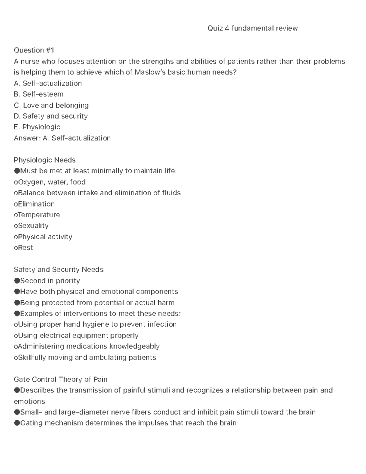 Quiz 4: Fundamental Review on Pain Management and Patient Needs - Studocu