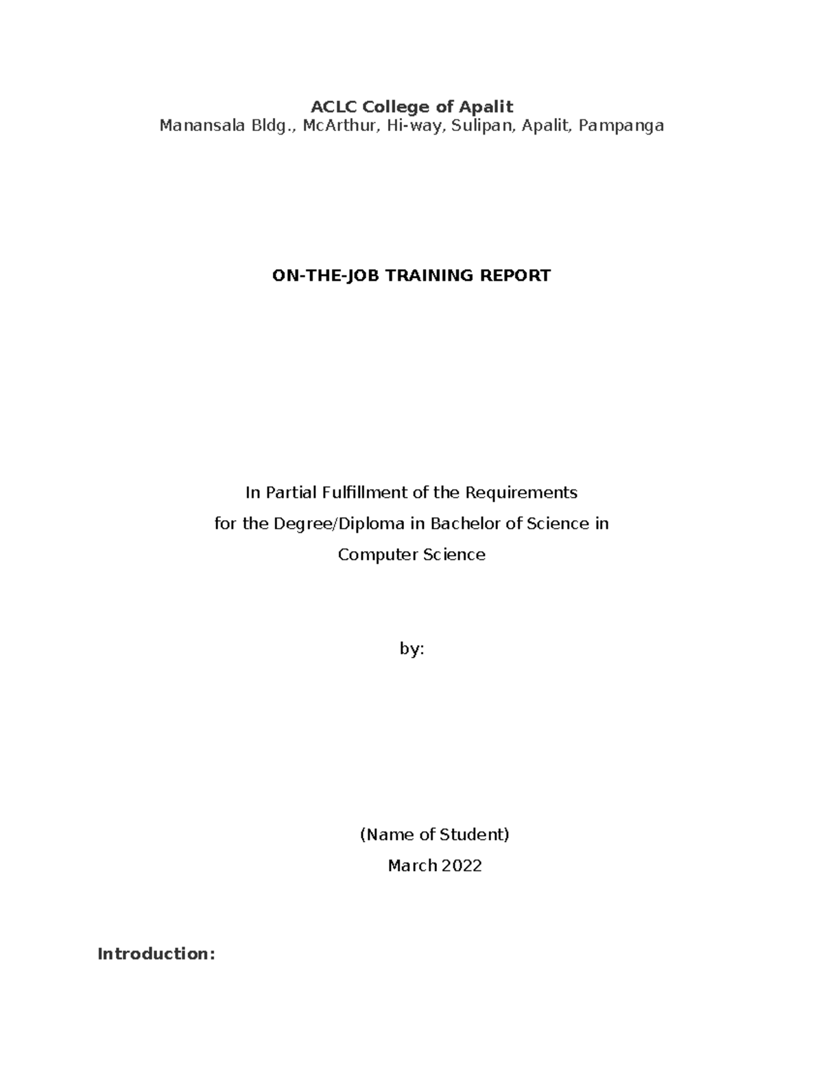 Narrative Report on OJT Experience - BSCS 2022 - Studocu