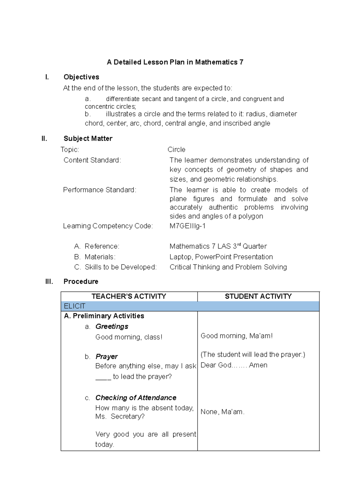 Mathematics 7 Detailed Lesson Plan: Week 7 on Circles - Studocu