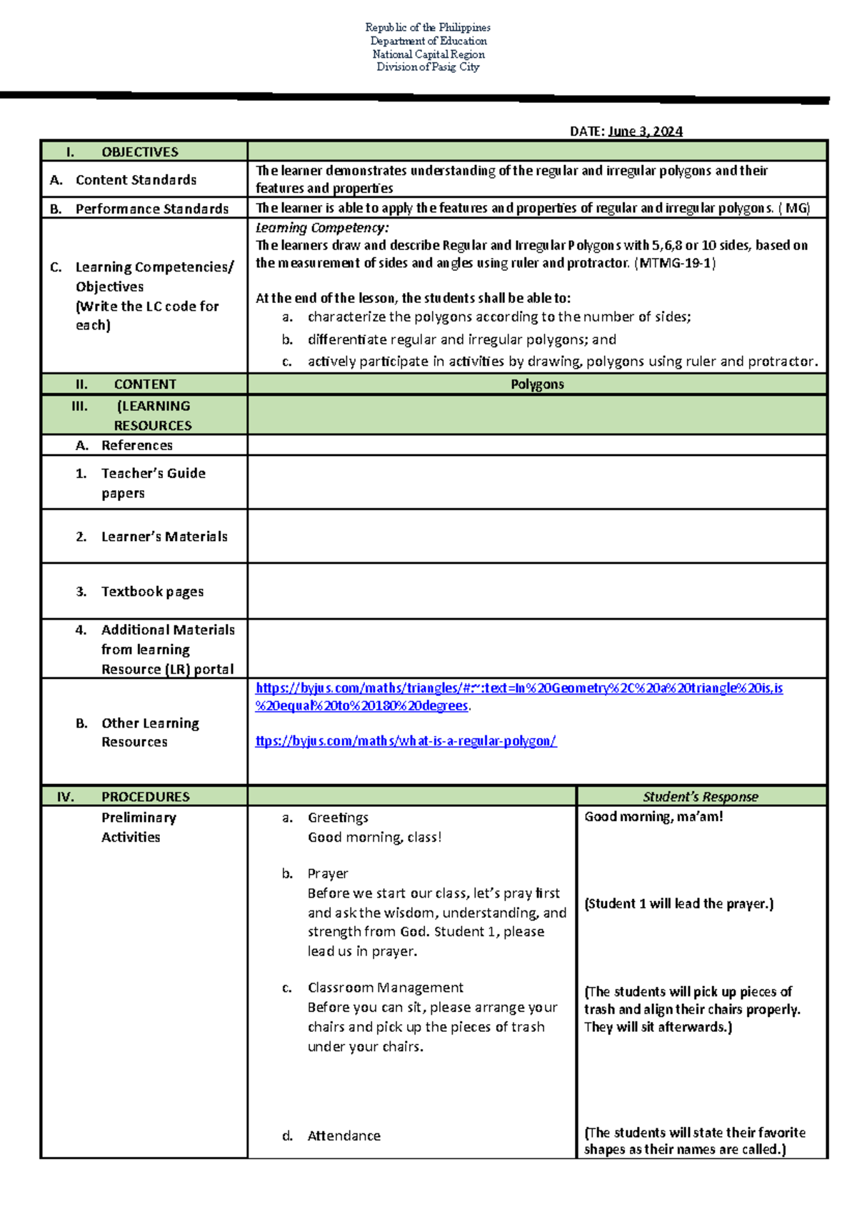 DLP- Grade 7 Geometry Lesson on Regular & Irregular Polygons - Studocu