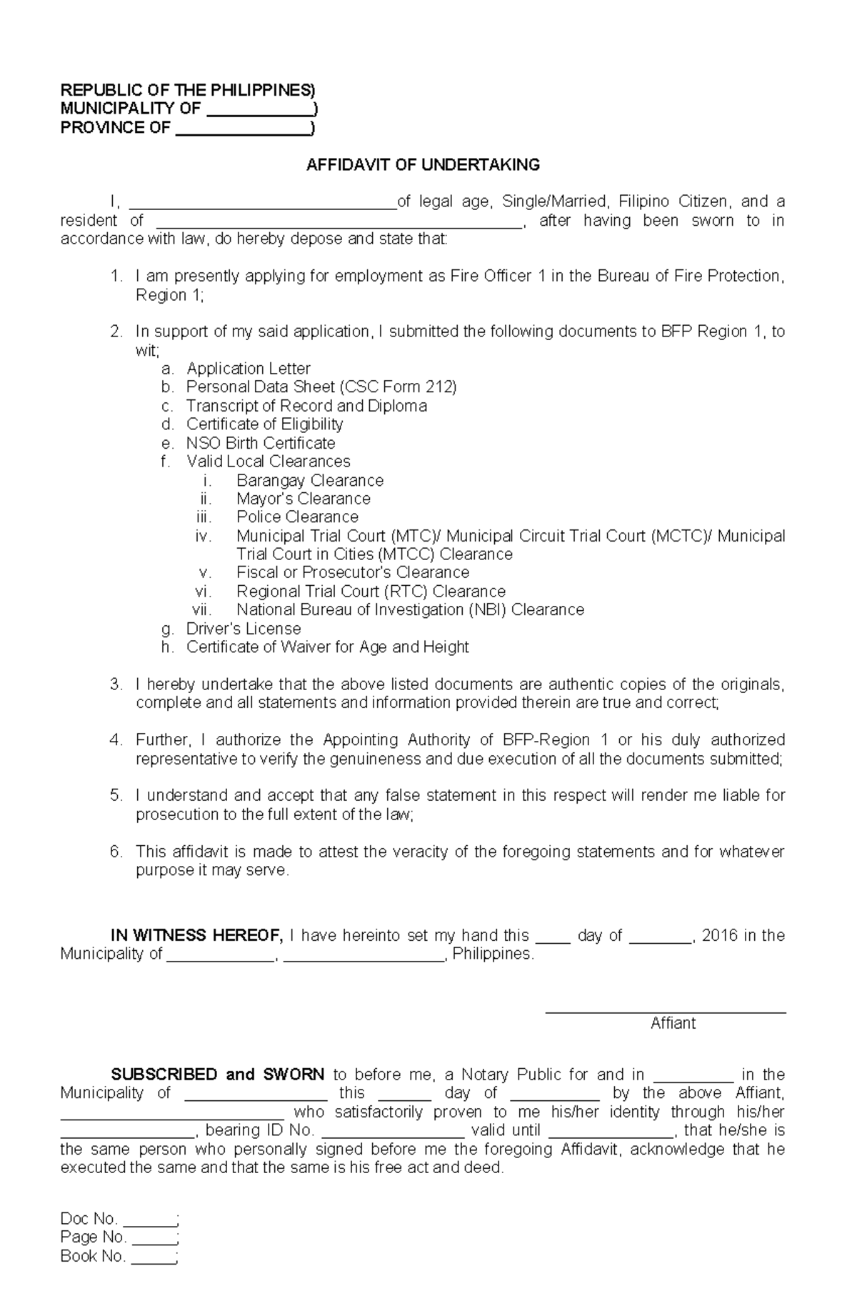 Affidavit of Undertaking for Fire Officer 1 Application in BFP - Studocu