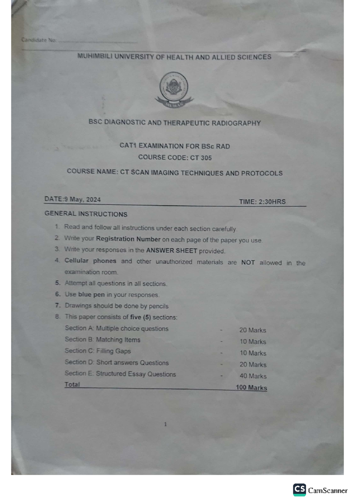CT 305 - CT notes for reading and practice - Candidate No: MUHIMBILI ...