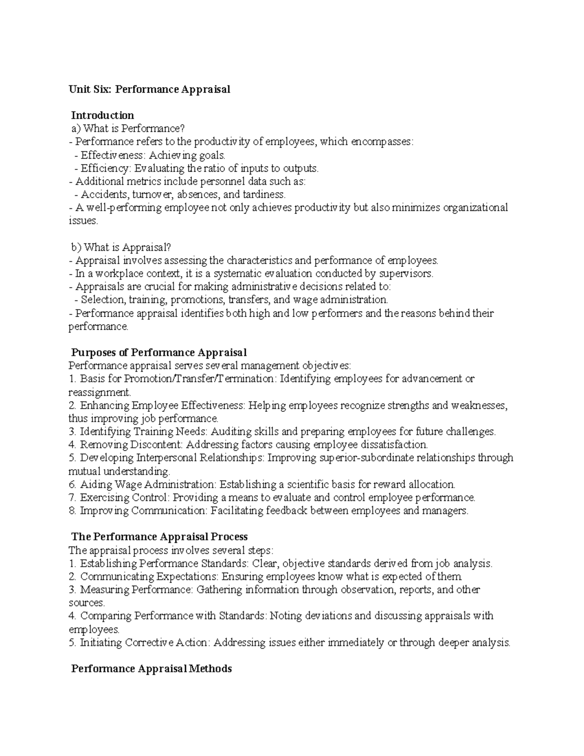 Unit 6: Performance Appraisal Overview and Methods - Studocu