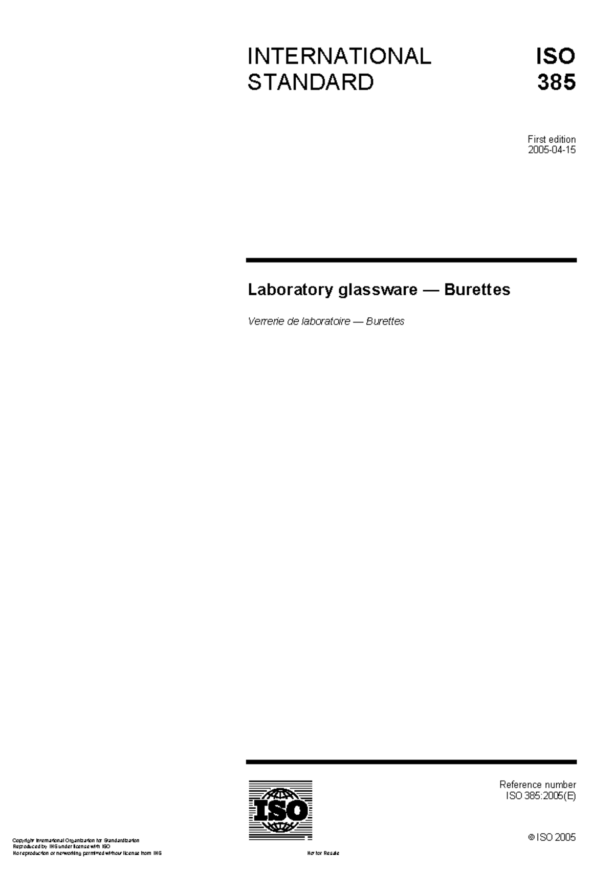 ISO 385:2005 Laboratory Glassware - Burettes Standards Overview - Studocu