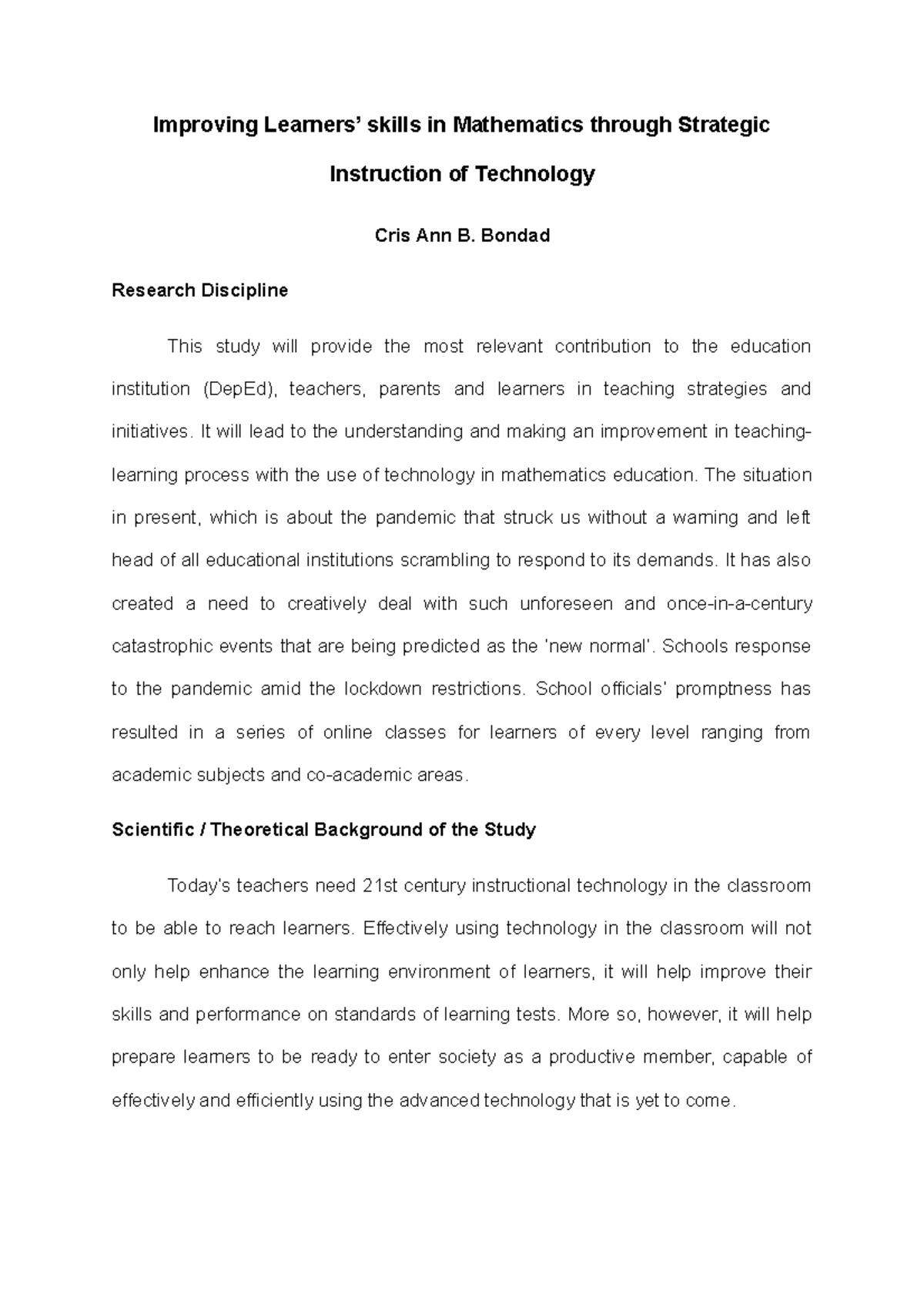 Improving Learners skills in Mathematics - Research - University of the ...