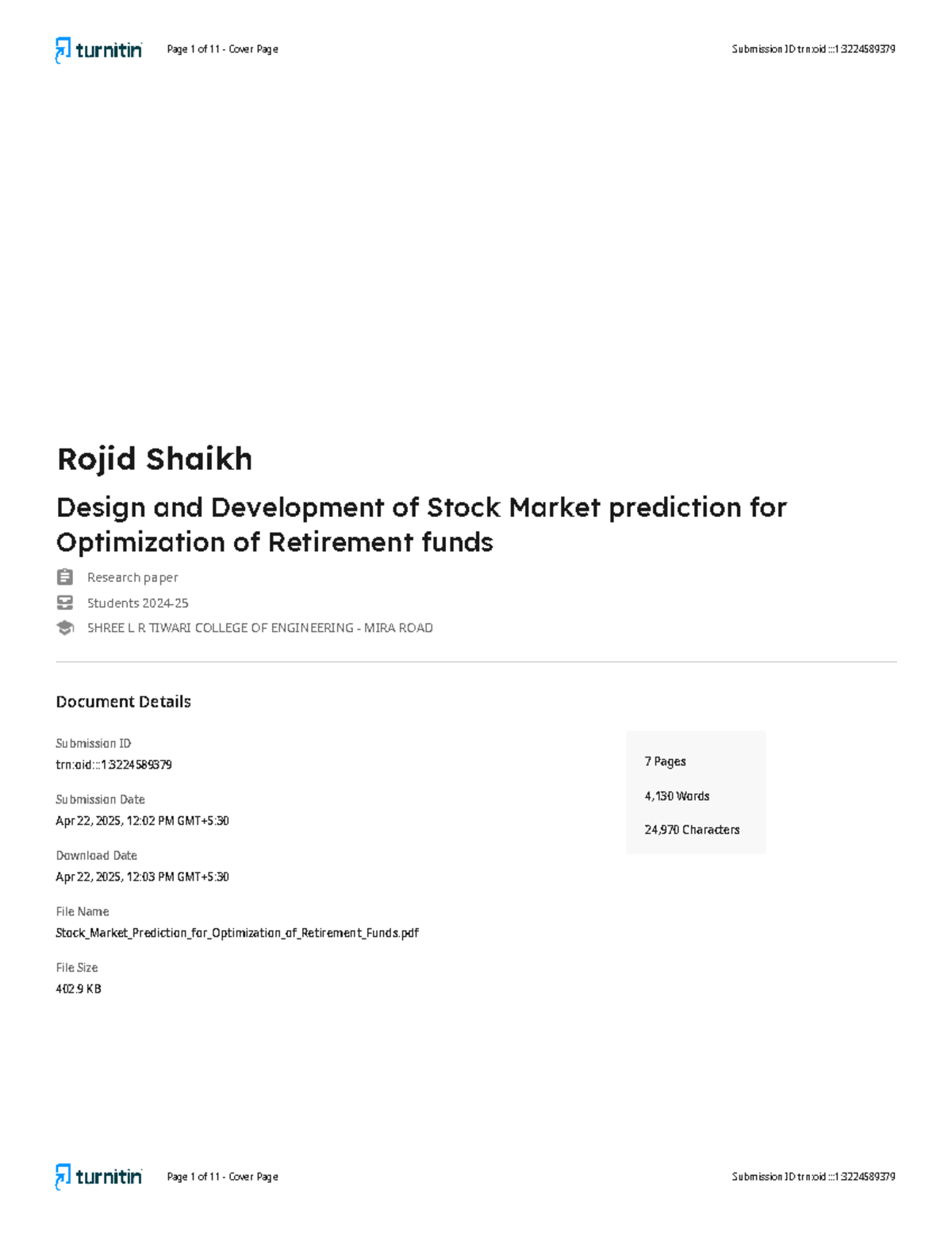 Stock Market Prediction for Retirement Funds Optimization (Research Paper)  - Studocu