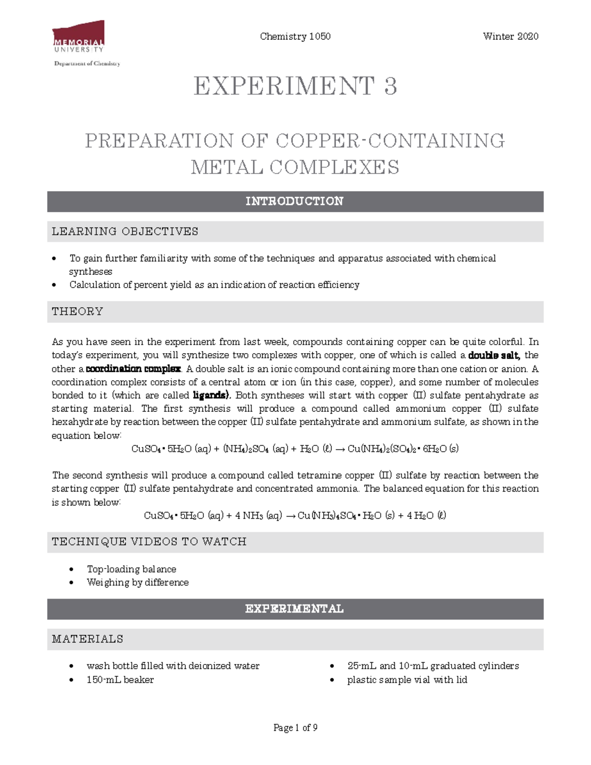 Chem 1050 Lab 3: Synthesis of Copper Complexes - Experiment 3 Guide ...